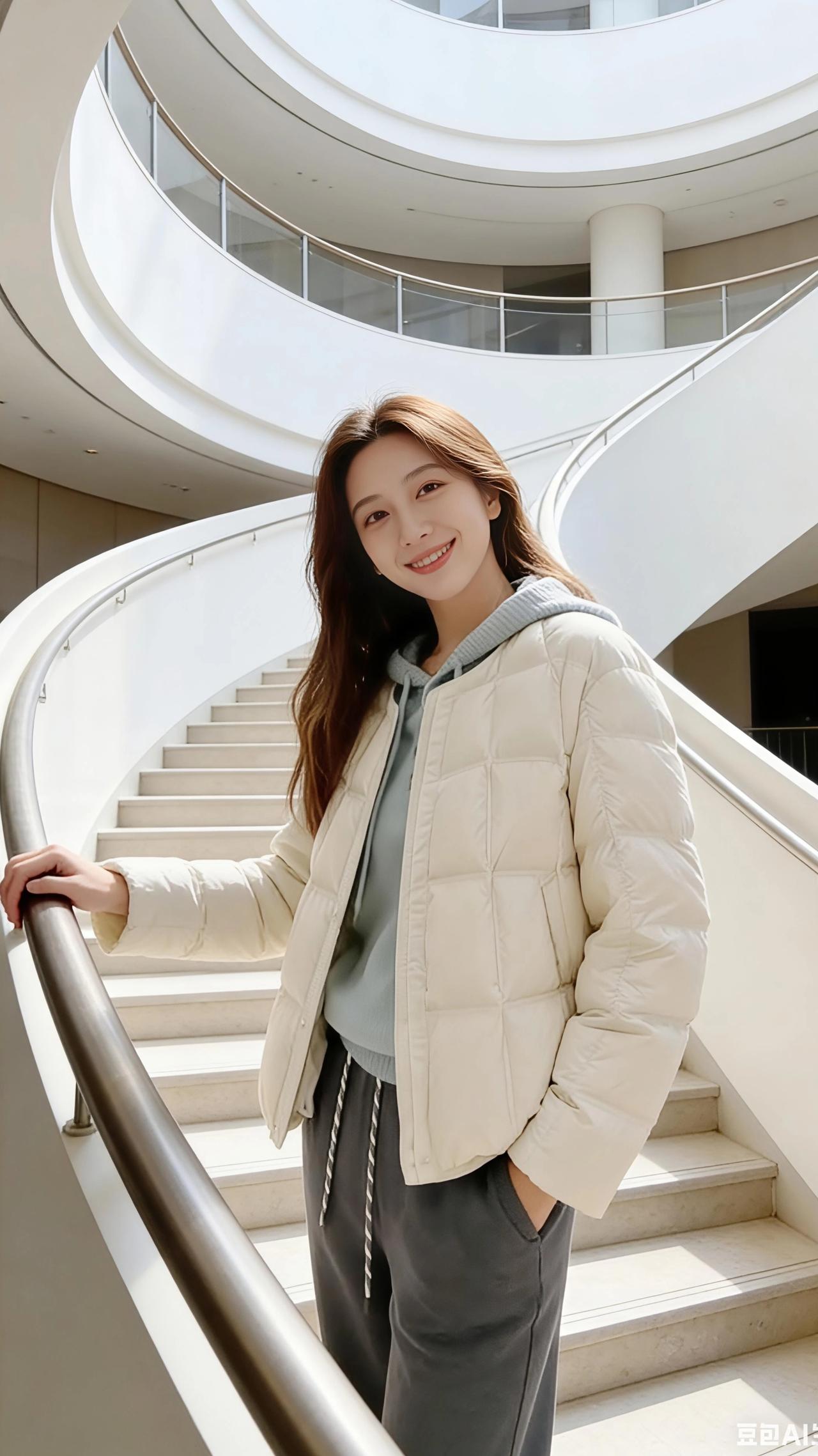 光沿着旋转楼梯的弧线淌下来，裹着她米白外套的软蓬褶皱——像把春天的云揉进了冬衣里