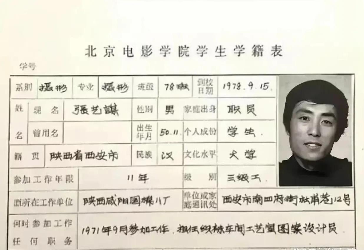 1978年，张艺谋参加高考，成功考入北京电影学院。这是张艺谋的学籍表。学籍表上填