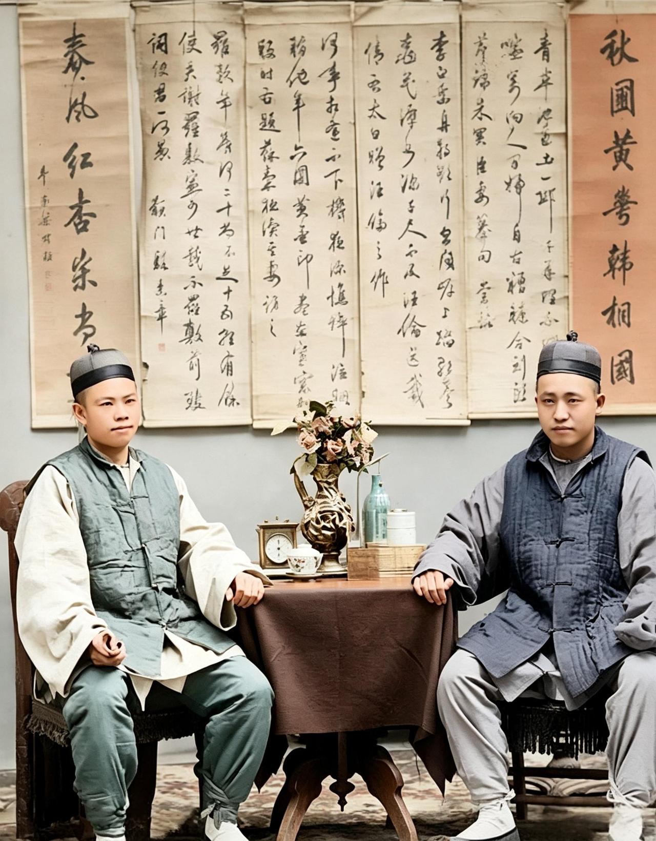 这是百年前两位年轻人端坐于方桌两侧，头戴瓜皮小帽，身穿素色便服，膝上各摊一卷书卷