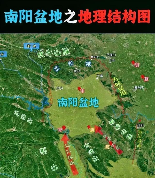 南阳盒地中心竟然没有城市！南阳盆地比四川盆地还封闭，四周全是大山，北边有伏牛山，