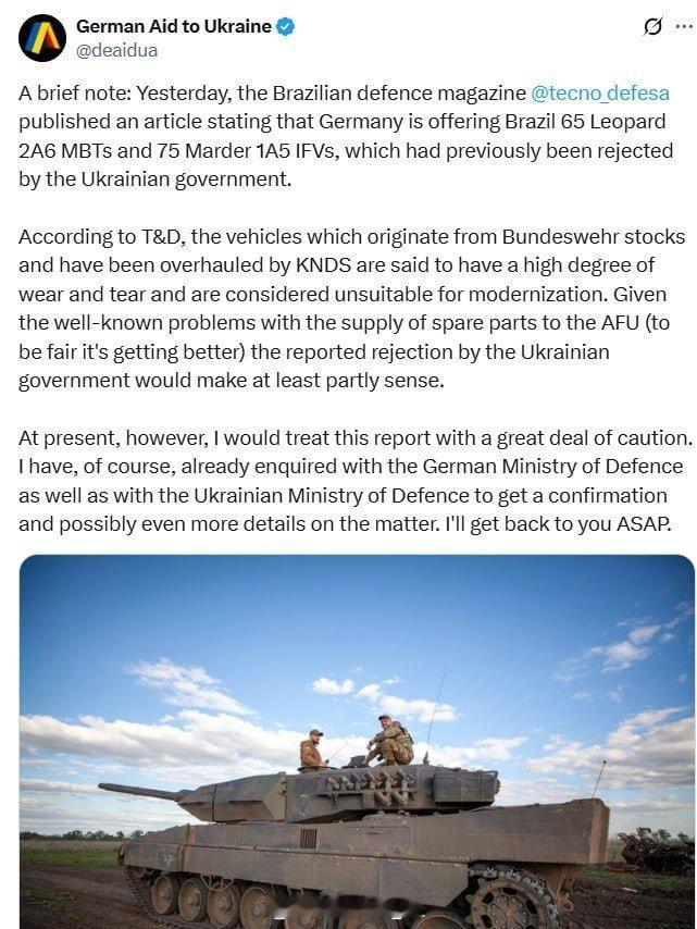 巴西军事媒体报道称，德国向乌克兰提供的一批65辆豹2A6坦克和75辆黄鼠狼1A5