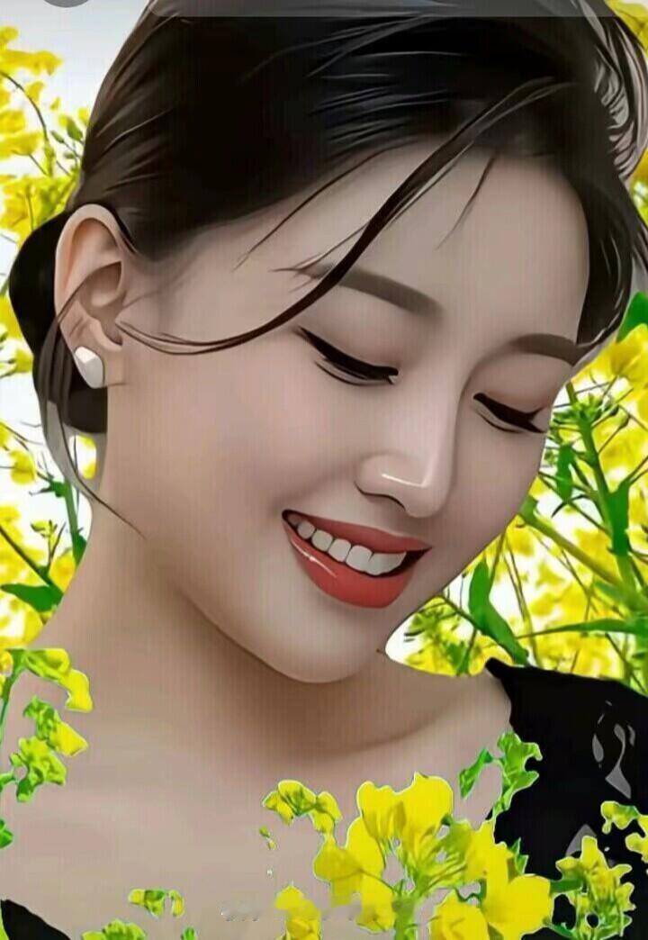 微笑的女孩在花丛中，真漂亮。