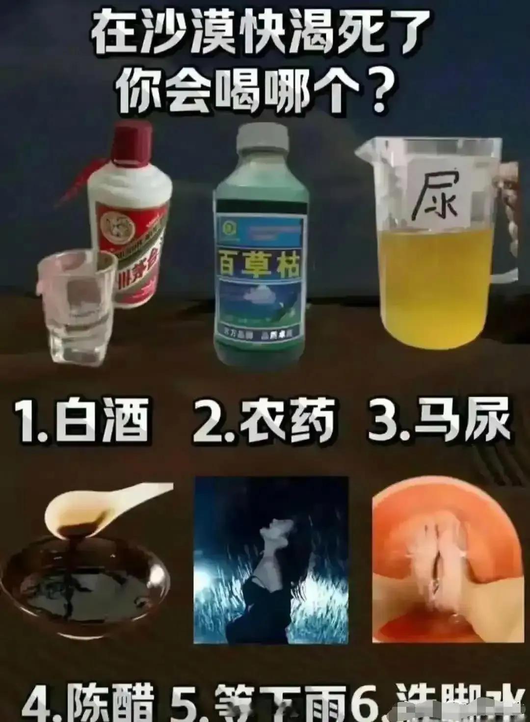 沙漠里没有水，快渴死了，你会喝哪个？