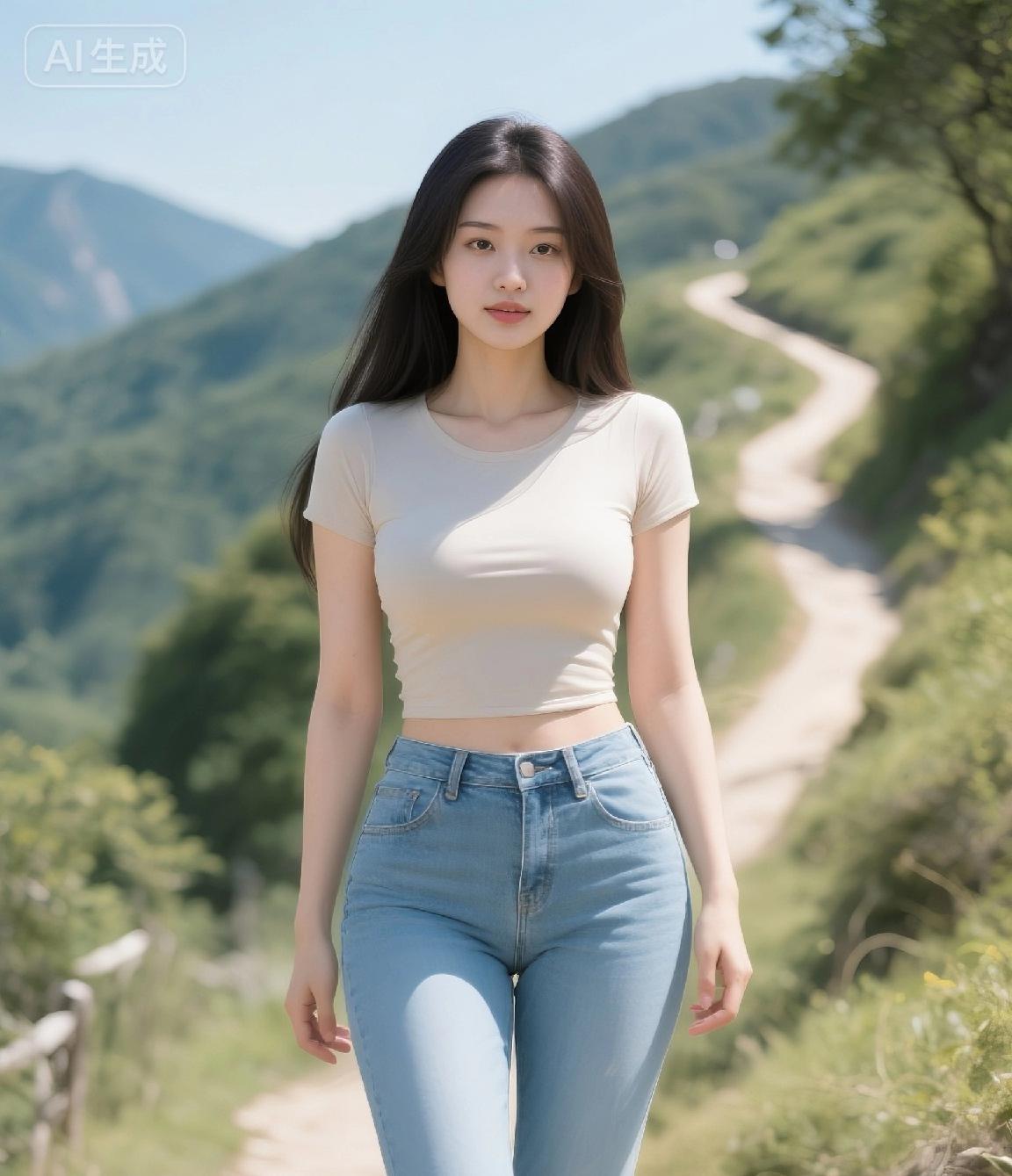 《山间漫步》💕自然清新美少女的宁静与美好。她身着米白短上衣与浅蓝牛仔裤