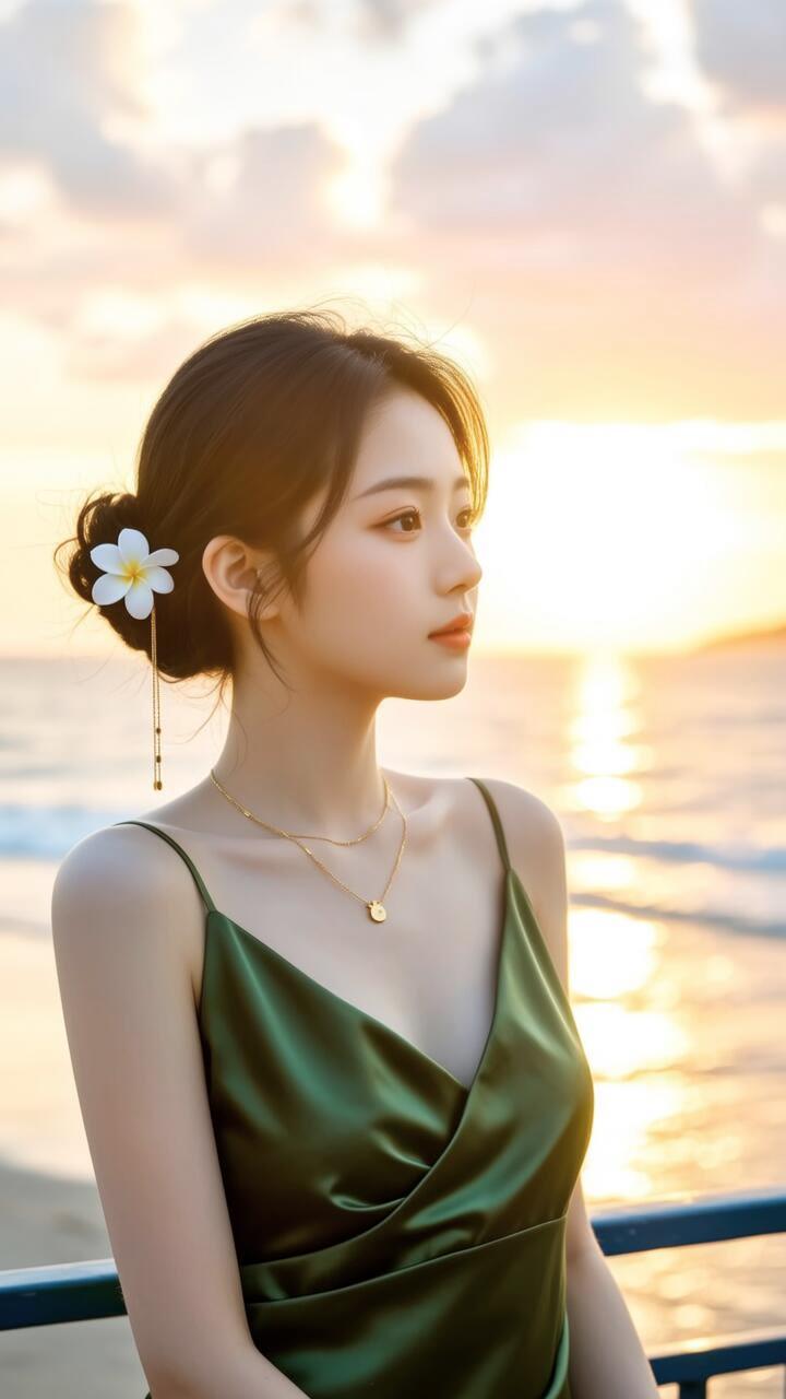 夕阳下的温柔时光，海风轻拂，少女静立。