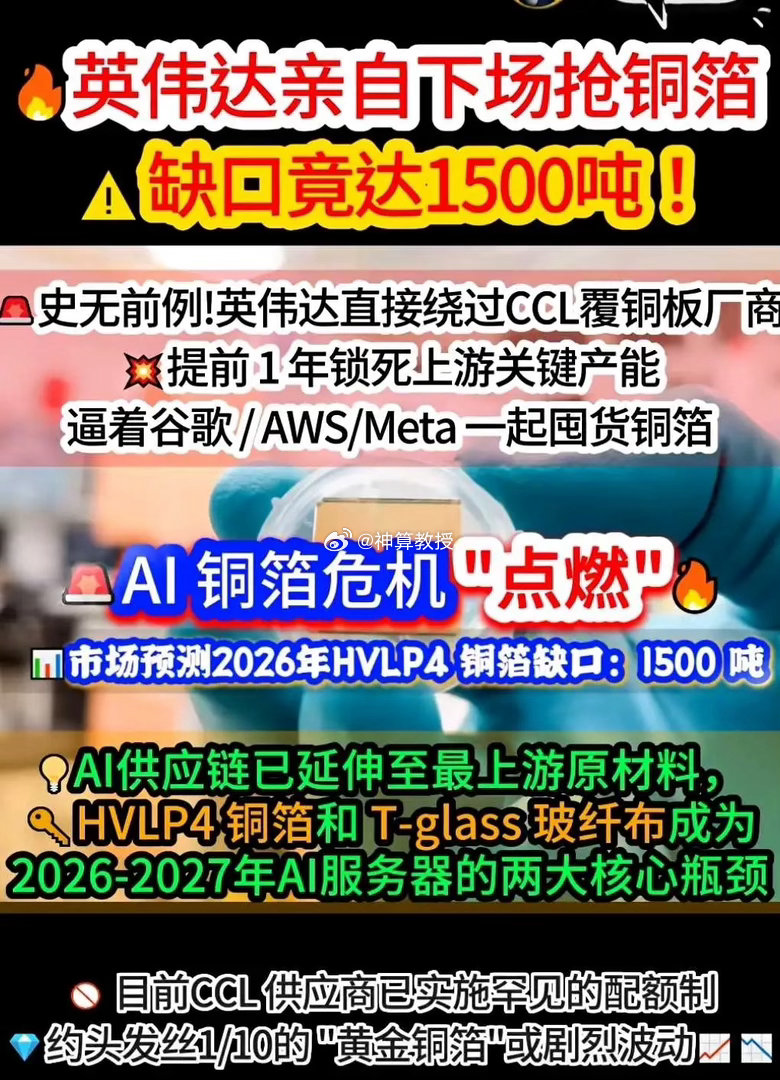 英伟达介入铜箔引发AI上游供应链变局英伟达罕见绕过覆铜板（CCL）厂商，直接与铜