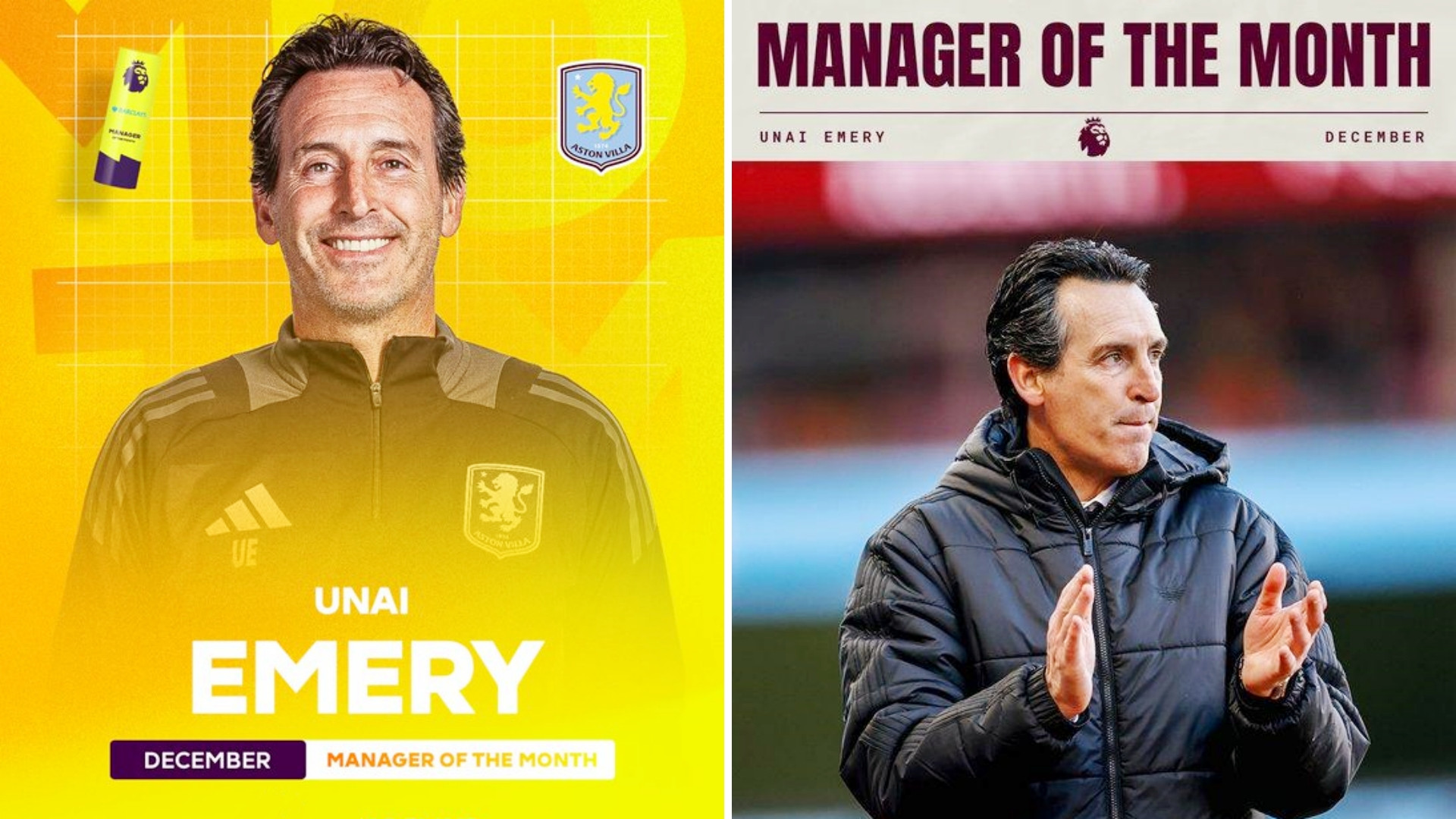 阿斯顿维拉主帅埃梅里获奖12月英超月最佳主帅，11月得主马雷斯卡于元旦下课，10
