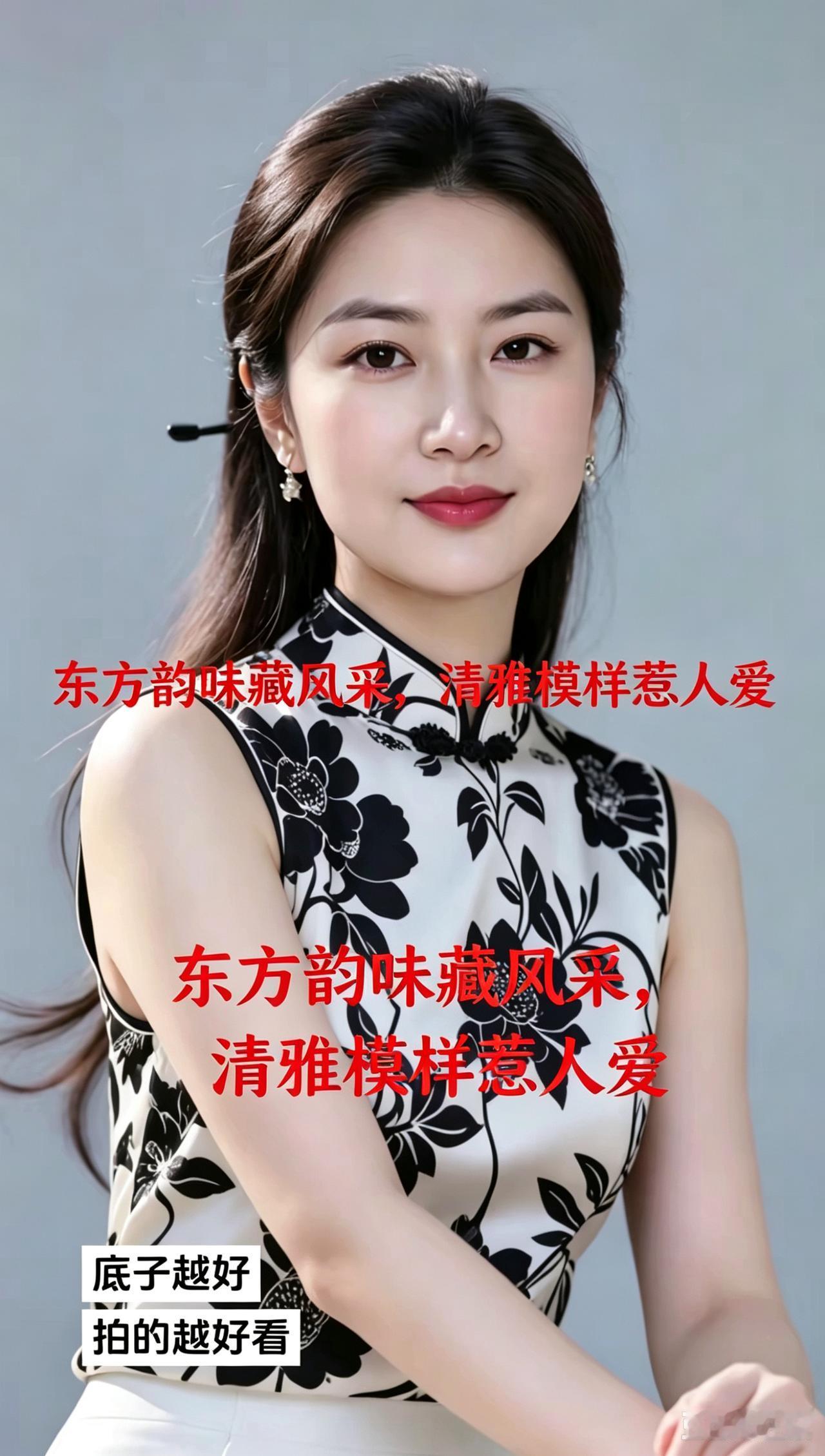 一袭旗袍墨韵裁，云鬟轻挽玉簪埋。眉梢含韵自生彩，浅笑安然逸韵来。天成底子