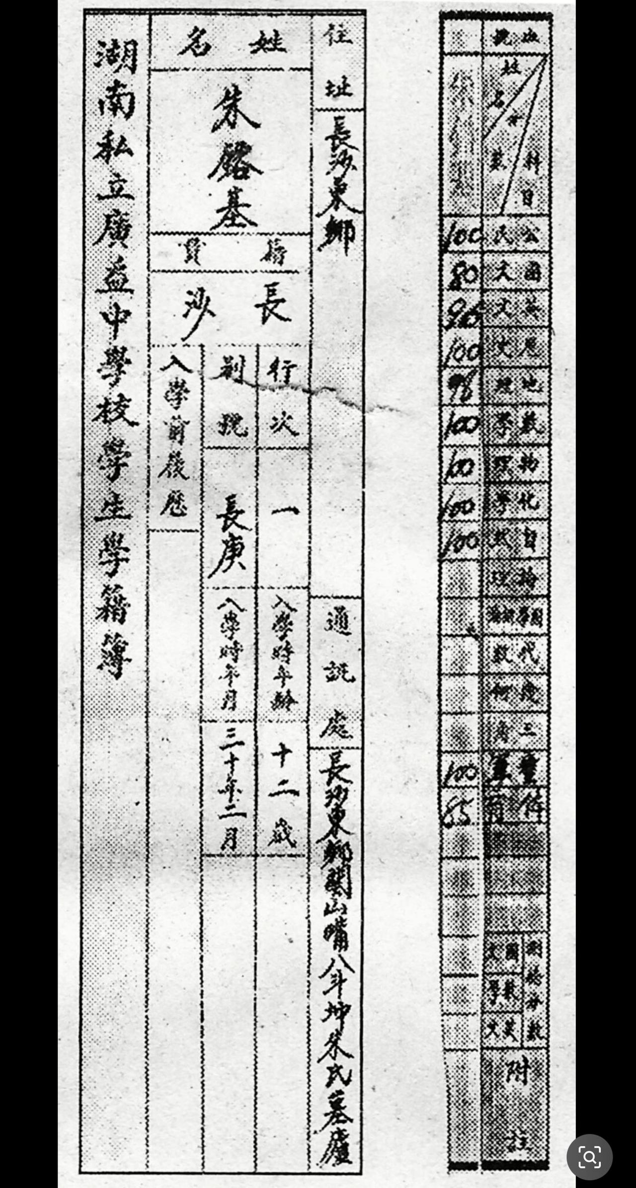 下图是抗战时期，湖南私立广益中学初中39班的毕业成绩一览表，榜首正是朱镕基。湖南