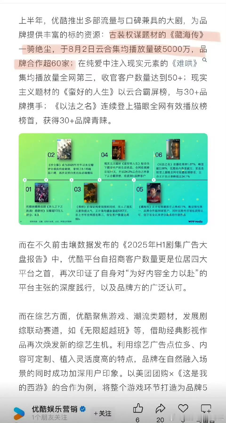 优酷日常夸《藏海传》：云合集均超5000万，品牌合作方超60家一骑绝尘，第一第一