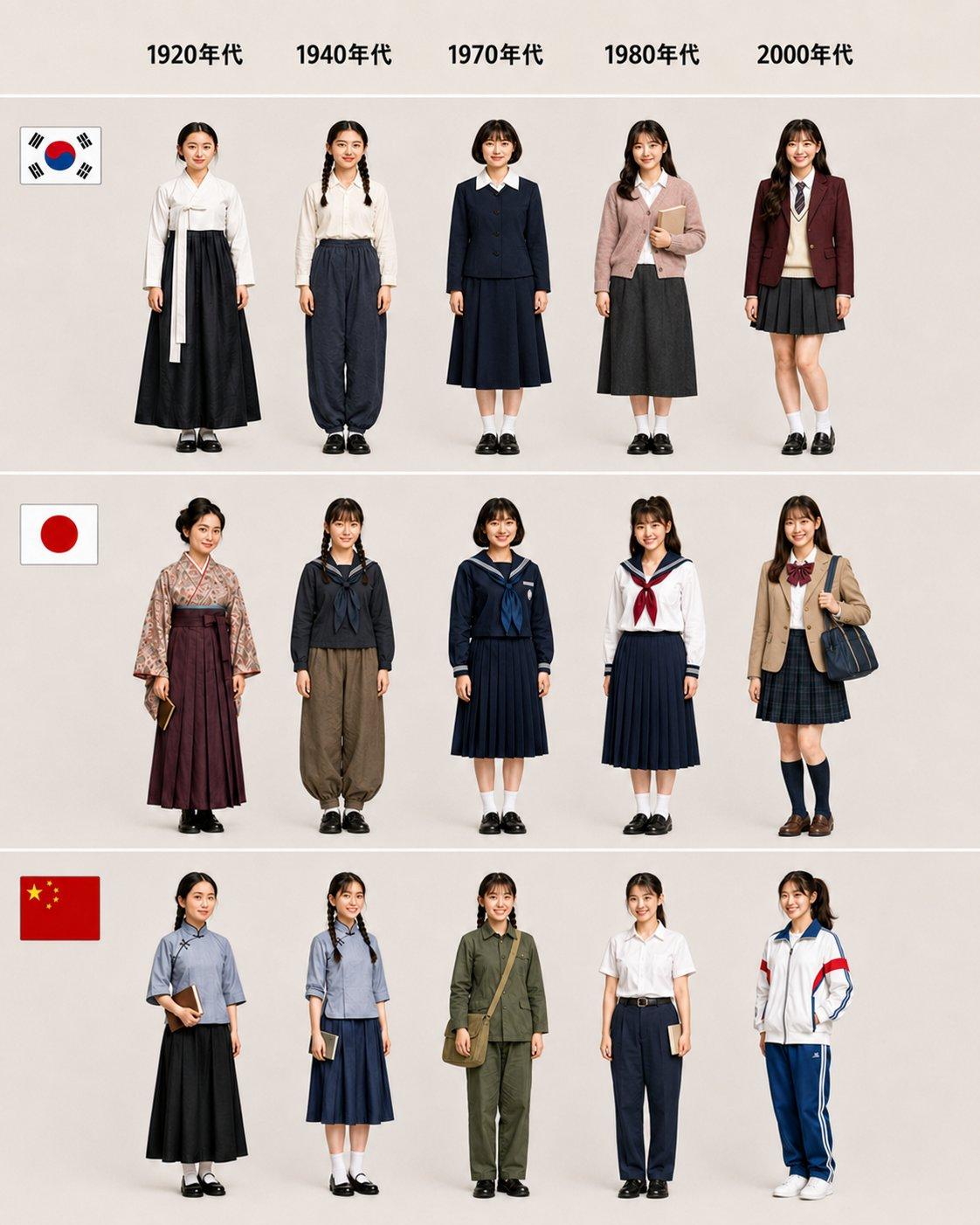 从1920年代到2000年代，韩国、日本、中国的校服变化。不同学校、地区和时期