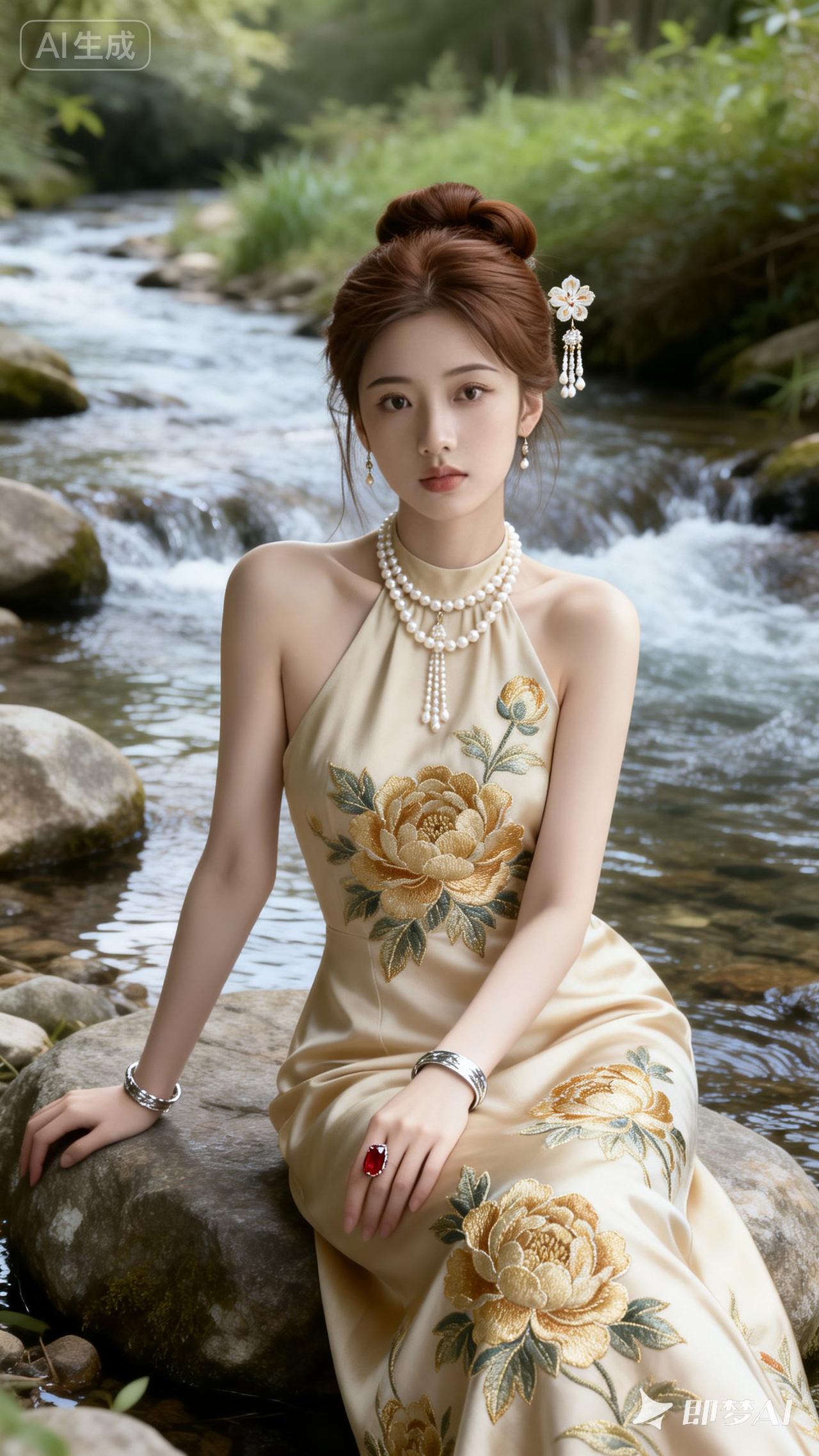 古风少女坐于溪边，红唇轻启，如梦如幻。