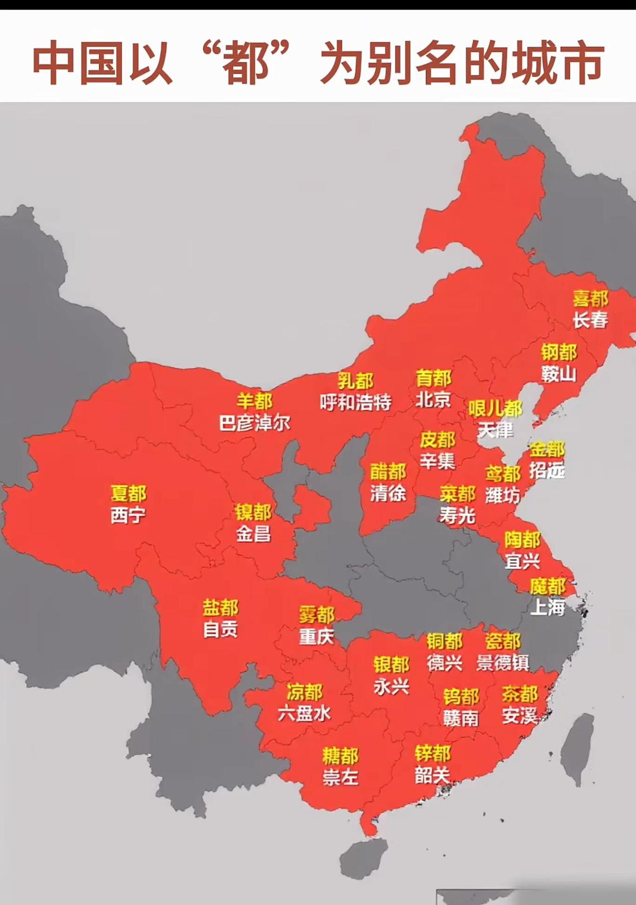 图示中国以“都”为别名的城市分布，红色区域标注各“都”及其对应城市。从产业维度看