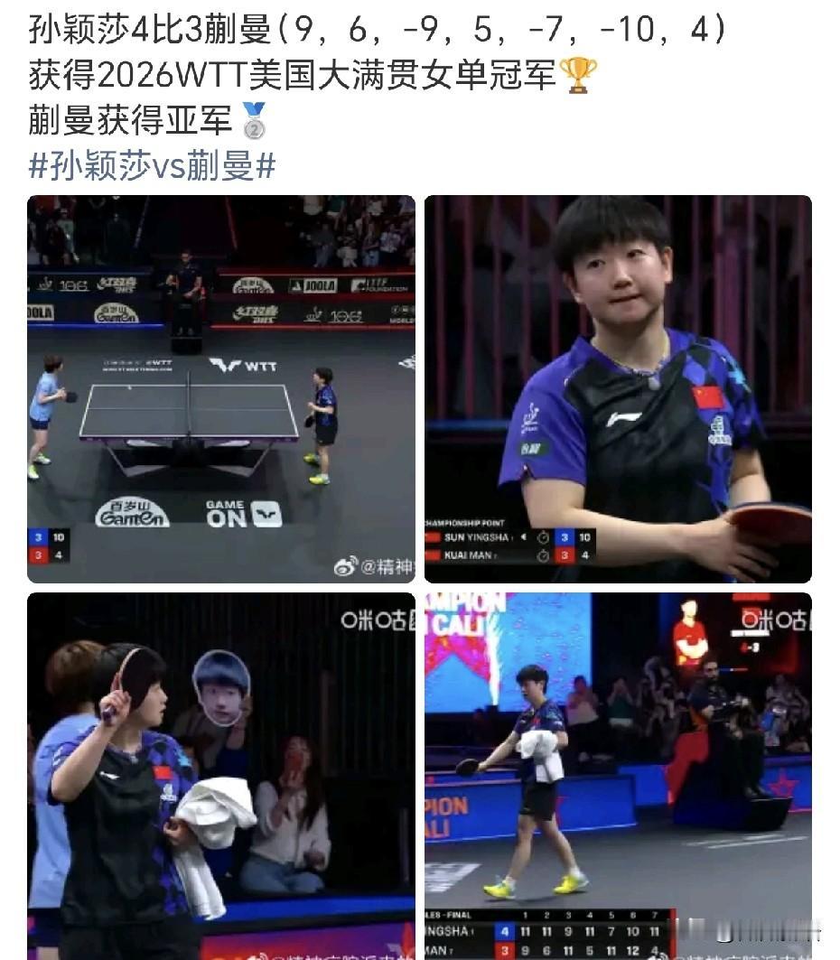 蒯曼打了连续三场七局大战啊。美满女单决赛孙颖莎4-3战胜蒯曼，夺得女单冠军，冠