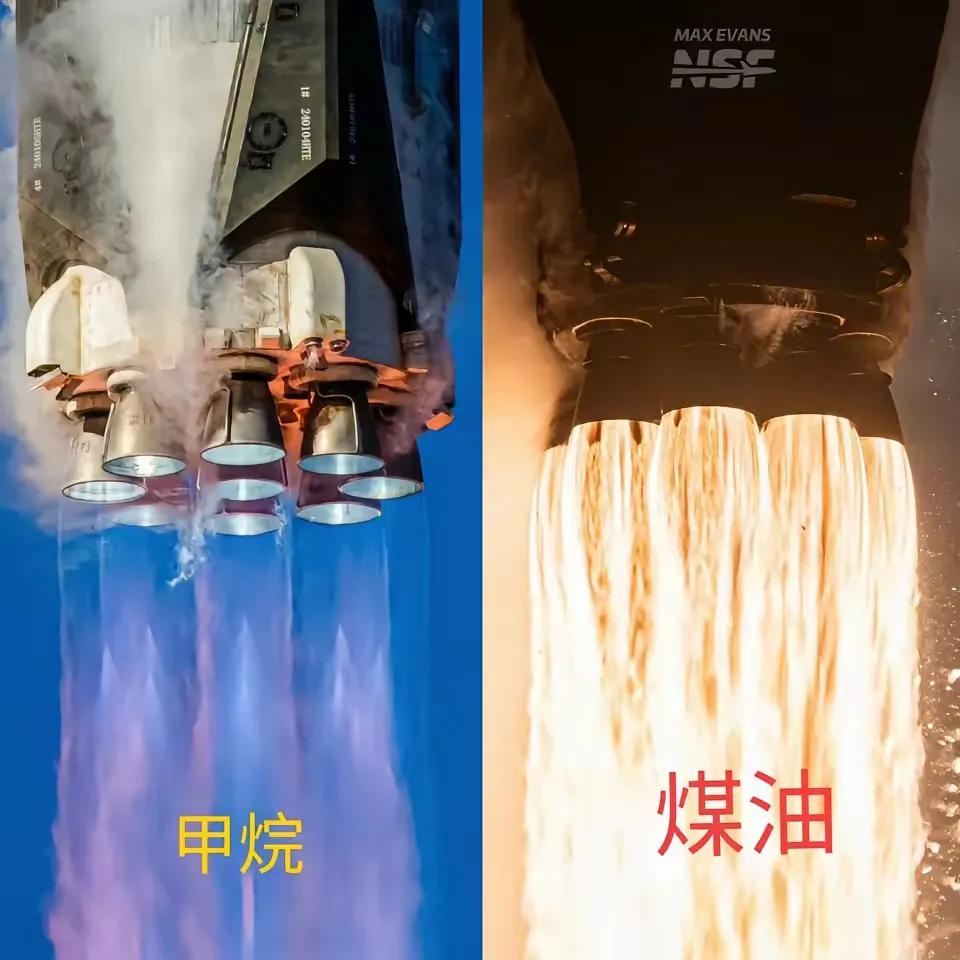 朱雀三号与猎鹰九号的火焰对比十分明显，谁中国的更环保！​都是九个发动机，朱雀三
