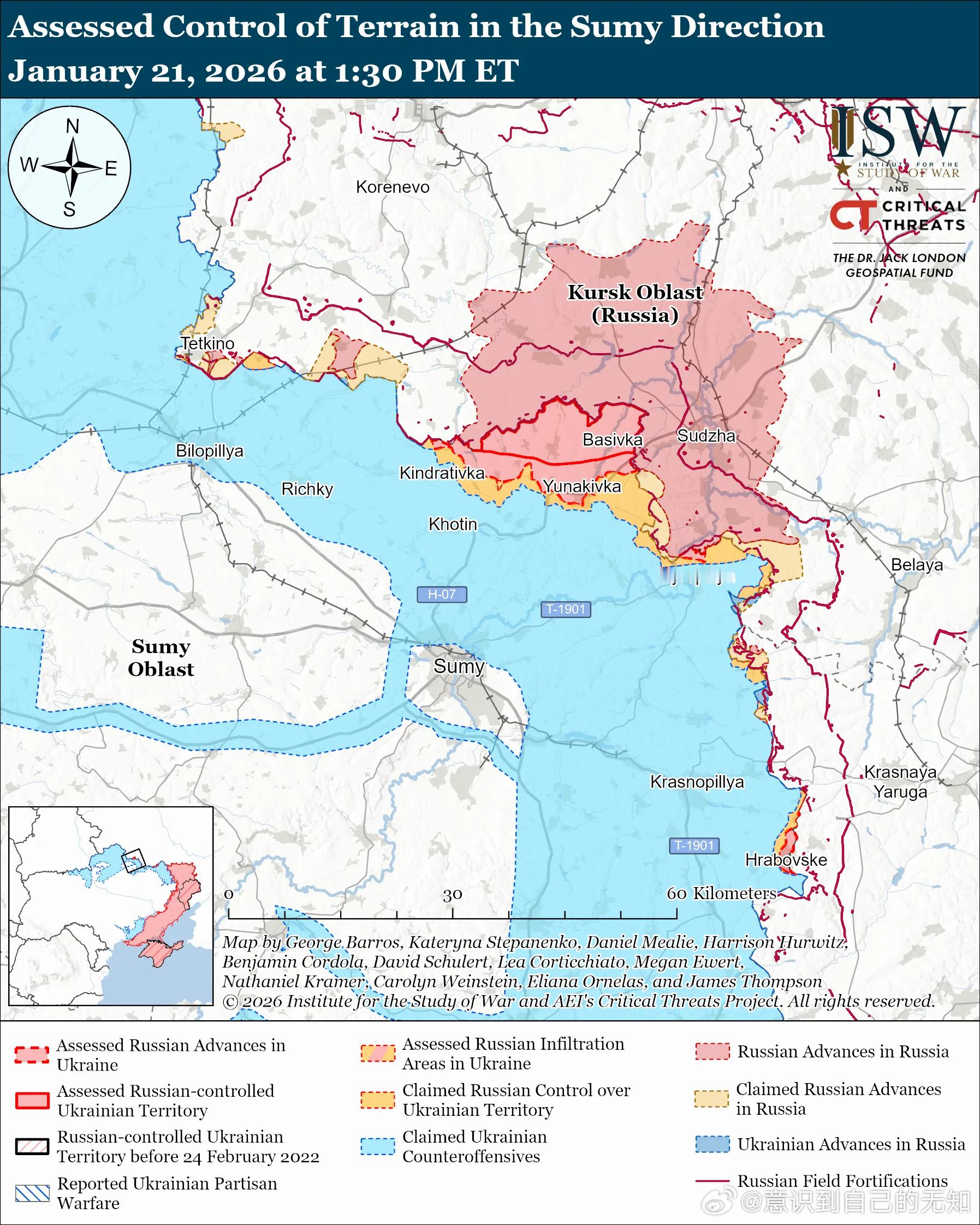 北方轴心俄罗斯的目标：在苏梅州沿国际边界建立可防御的缓冲区。1月21日俄军继续在