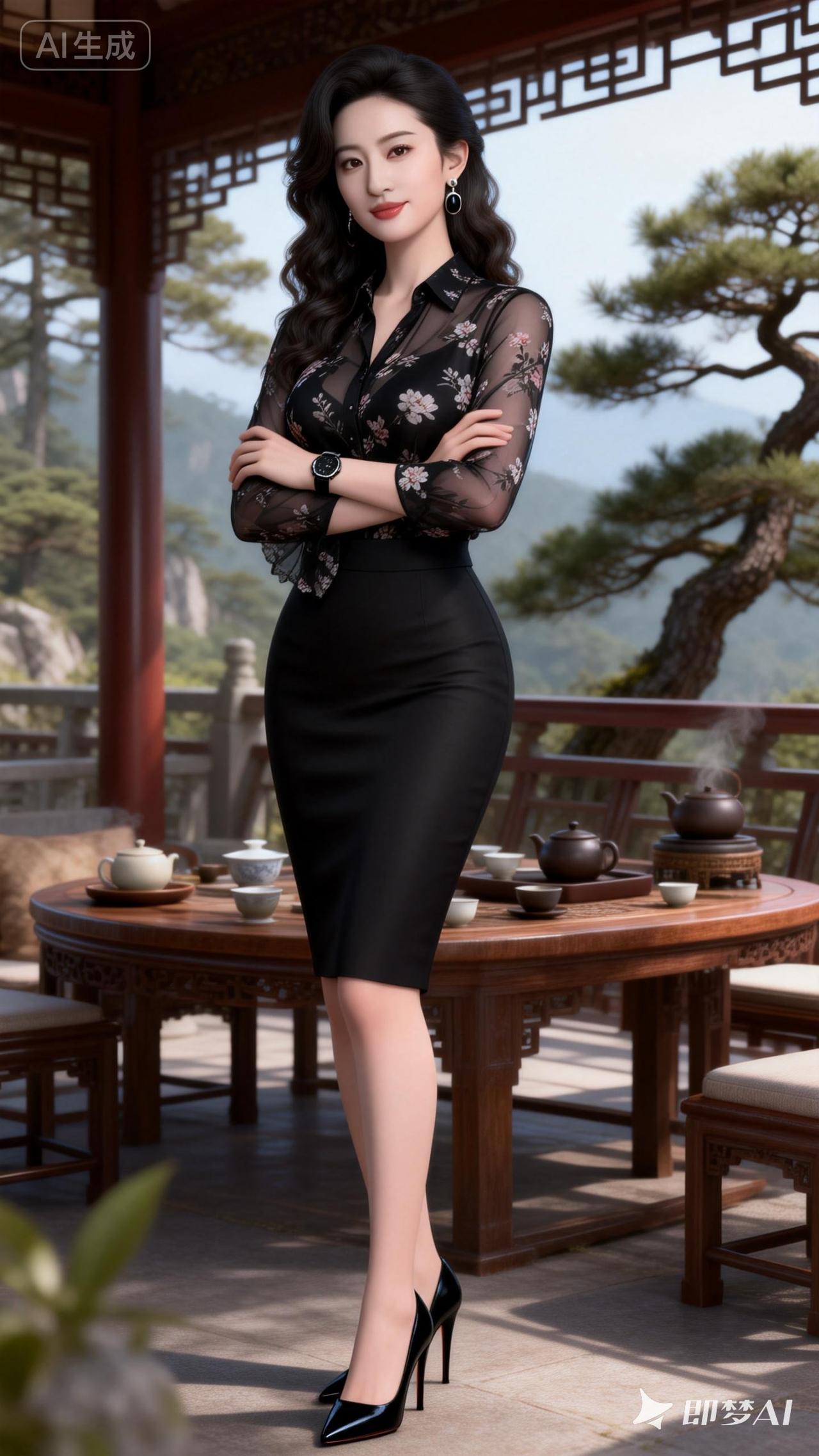 优雅气质，黑裙与茶道相映成趣，尽显东方韵味。