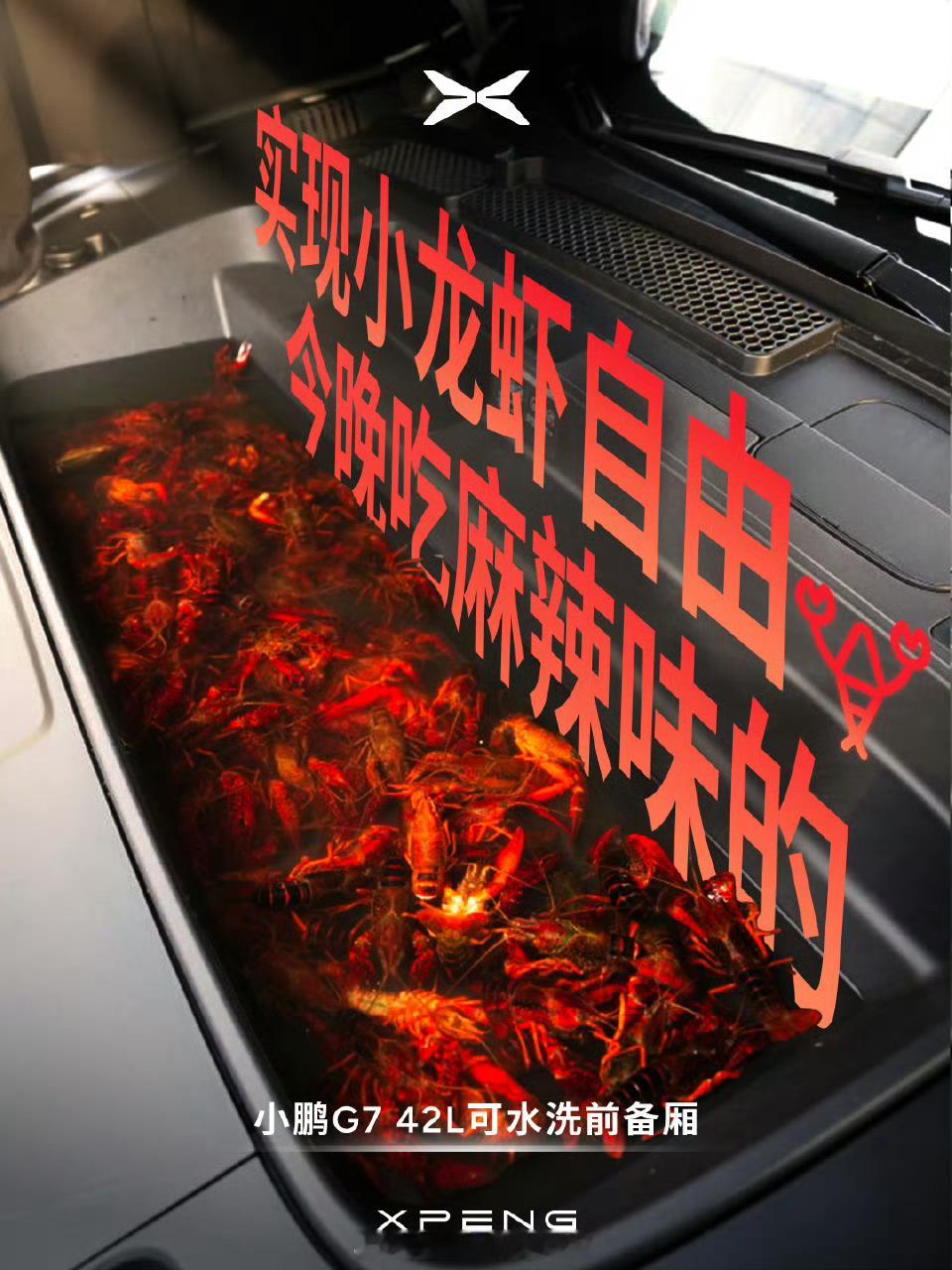 小鹏G7的前备厢能养鱼小鹏G7前备箱的用处，钓鱼佬应该很喜欢，普通人也经常用得着