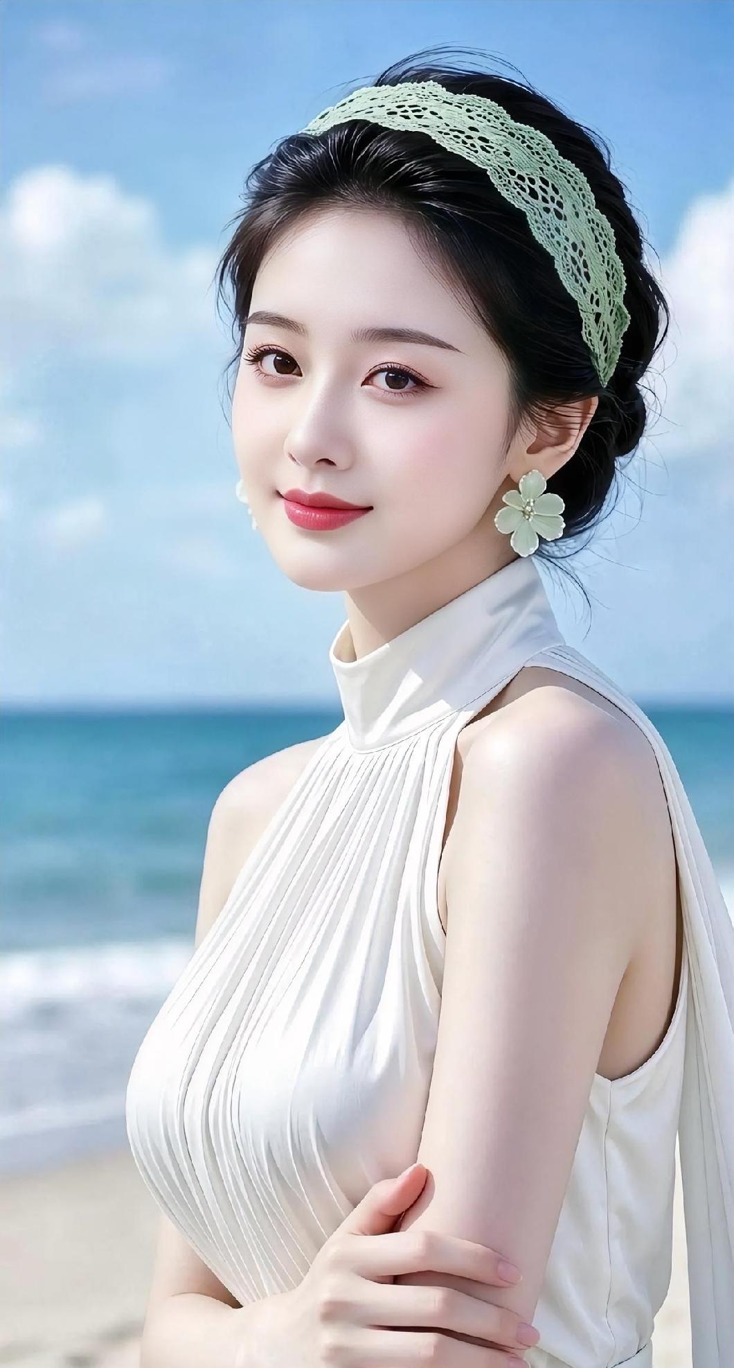 《海风轻吻的白色诗行》碧海蓝天，晕染清透底色，白色褶皱，垂落温柔端庄。