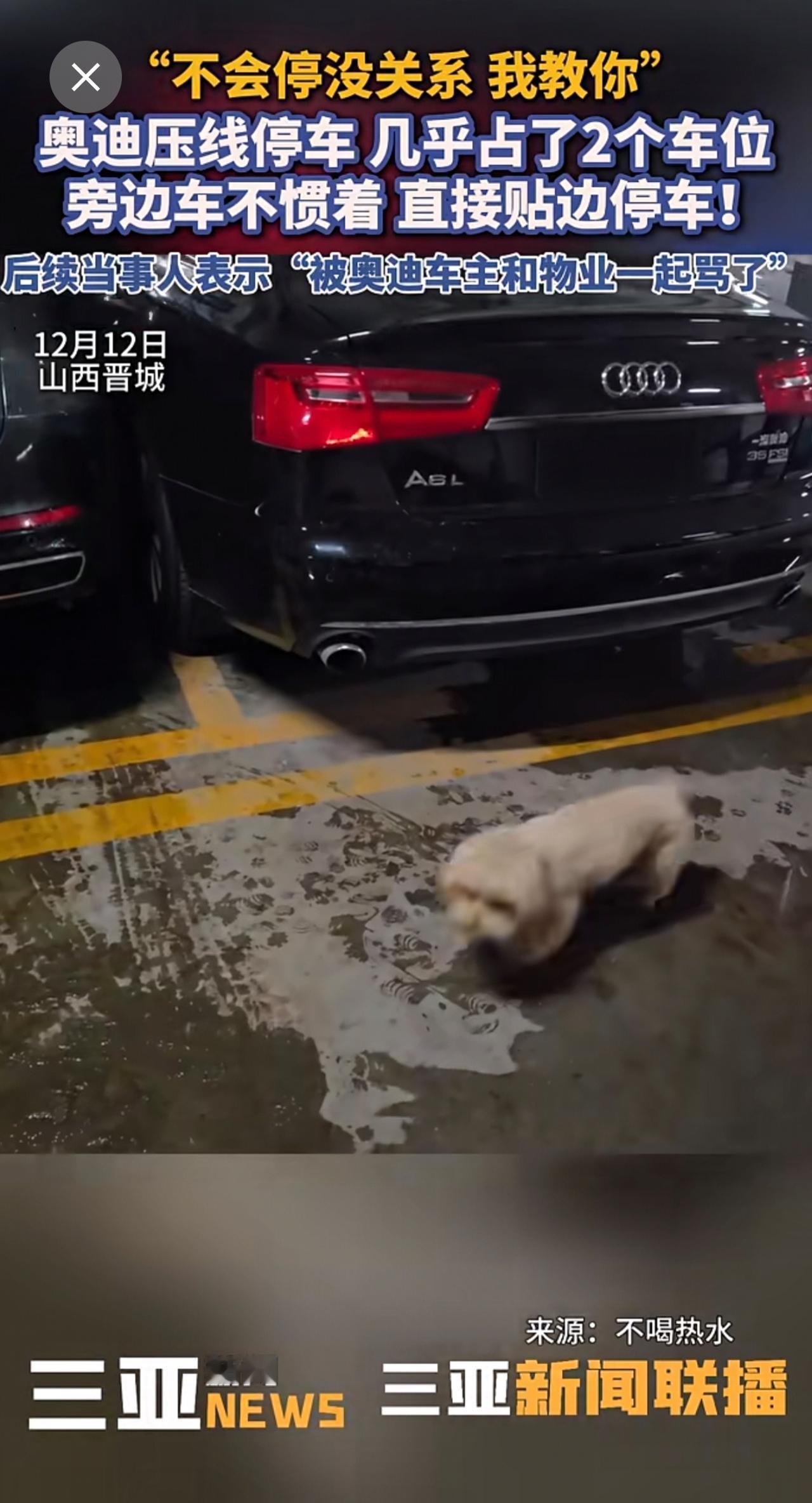 “不会停没关系，我教你”奥迪压线停车，几乎占了2个车位！旁边车不惯着，直接贴边停