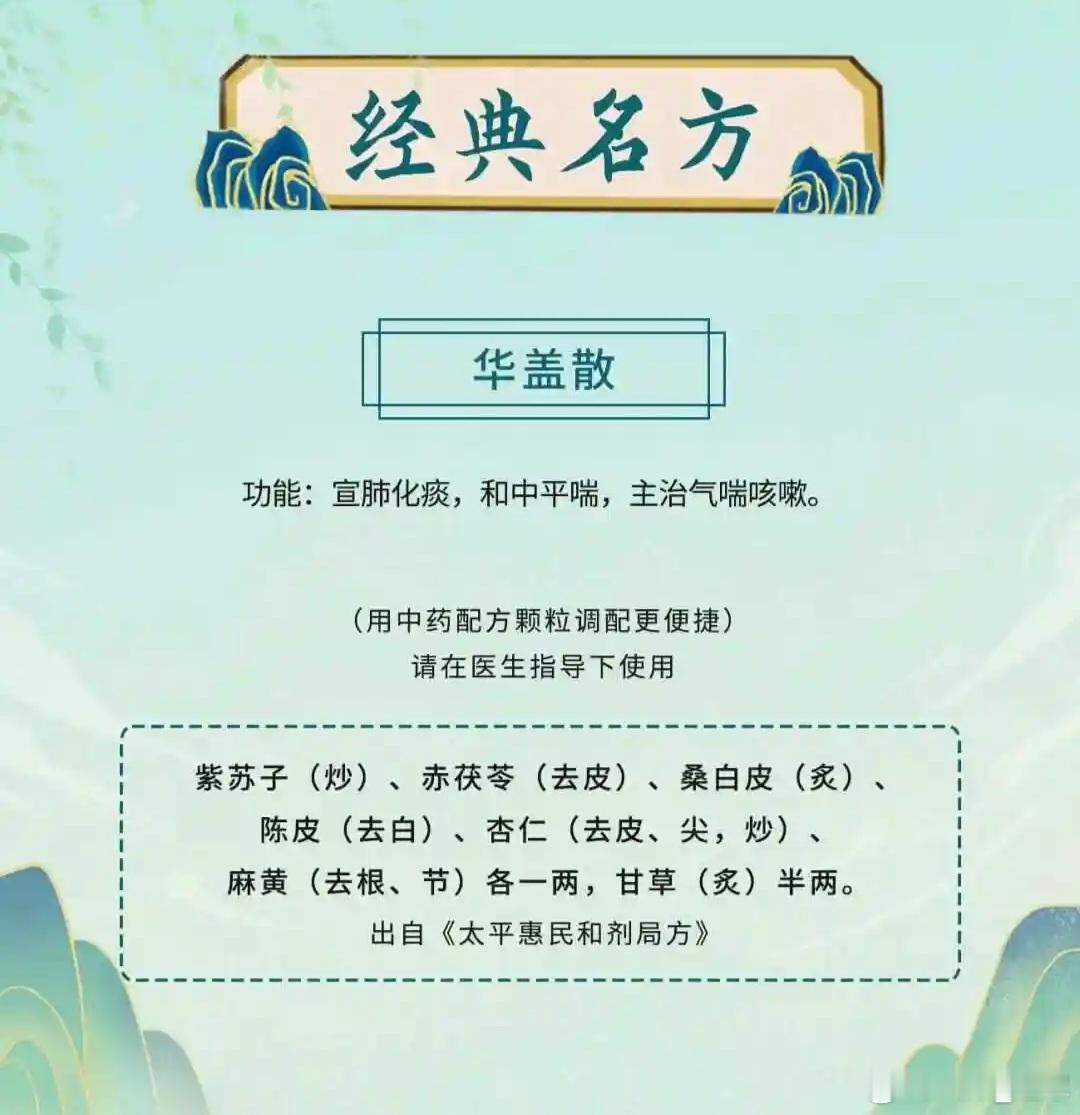 华盖散的配方剂量为紫苏子（炒）、赤茯苓（去皮）、桑白皮（炙）、陈皮（去白）、杏仁