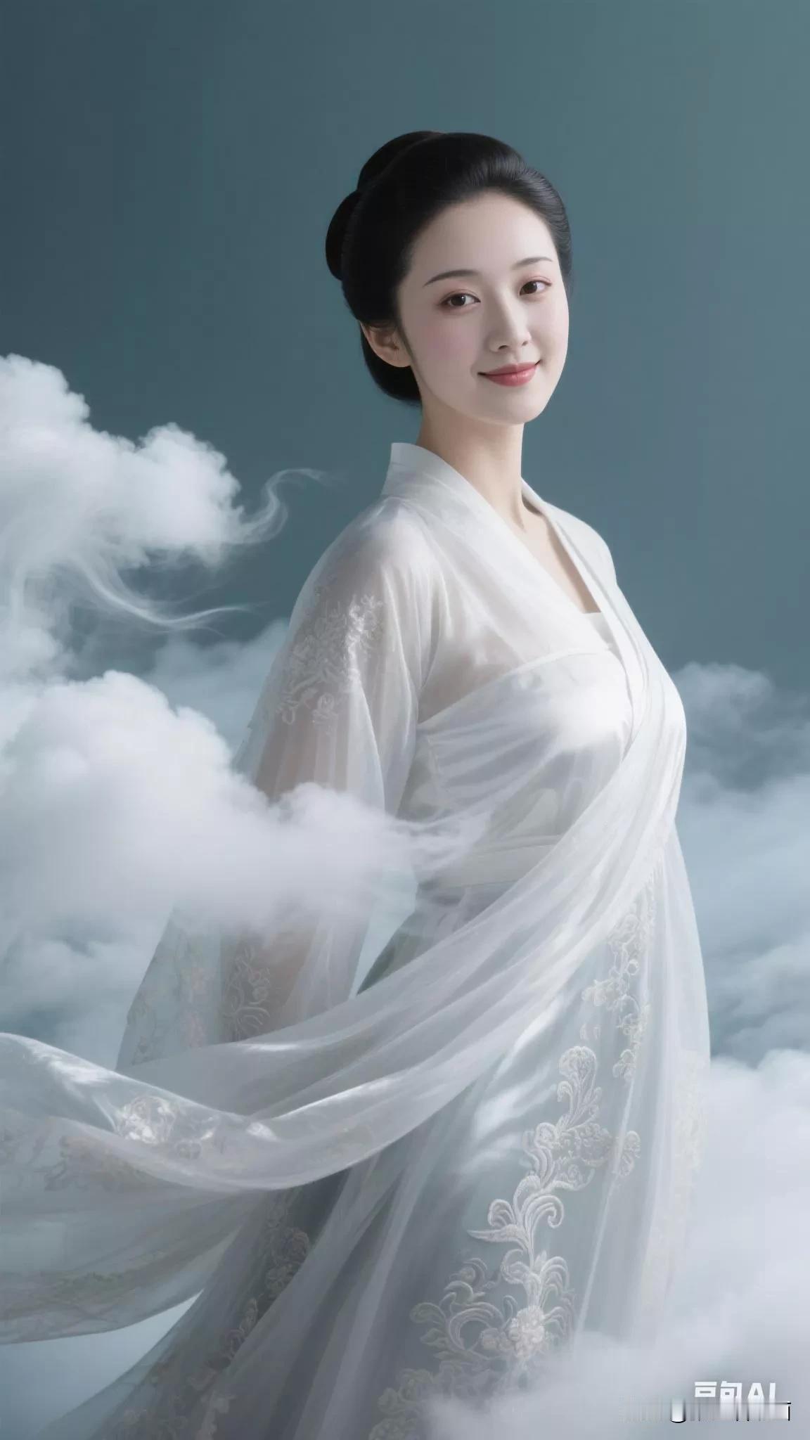 仙气飘飘的汉服美人，云雾缭绕中宛如天仙下凡。张立启原创书画AI作品古仕女发髻集锦