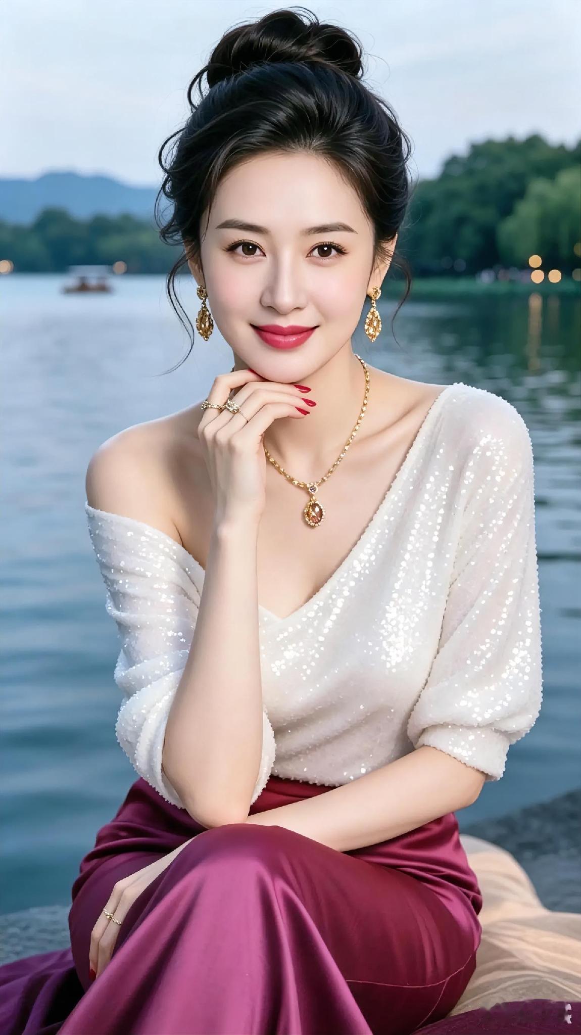 优雅湖畔，红裙白衣，闪耀耳环，沉醉时光。湖畔气质照湖畔紫裙照气质女人味