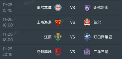 北京时间11月25日，亚冠精英联赛东亚区赛程如下：第一场15：45，墨尔本城V