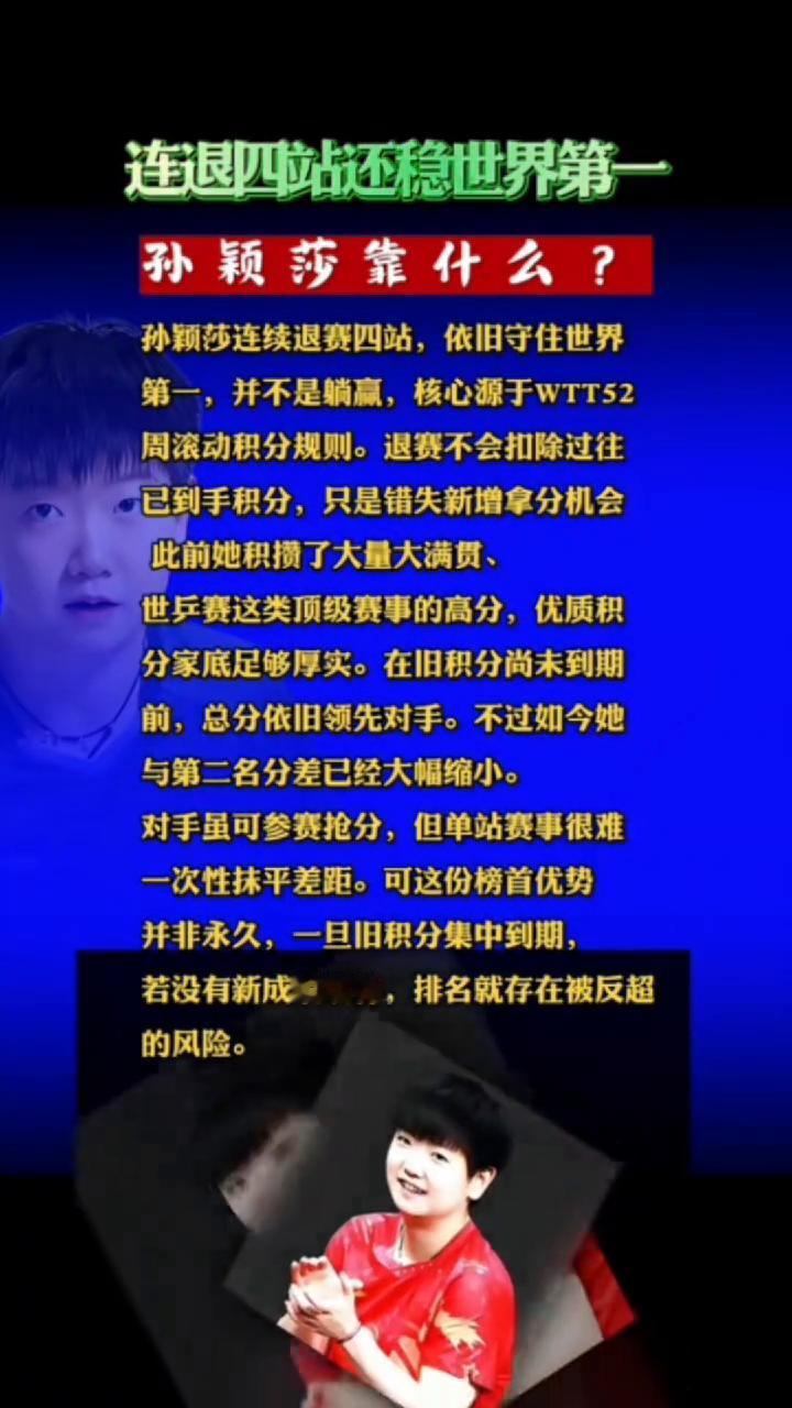 连退四站还稳世界第一，孙颖莎靠什么？孙颖莎连续退赛四站，依旧守住世界第一，并不