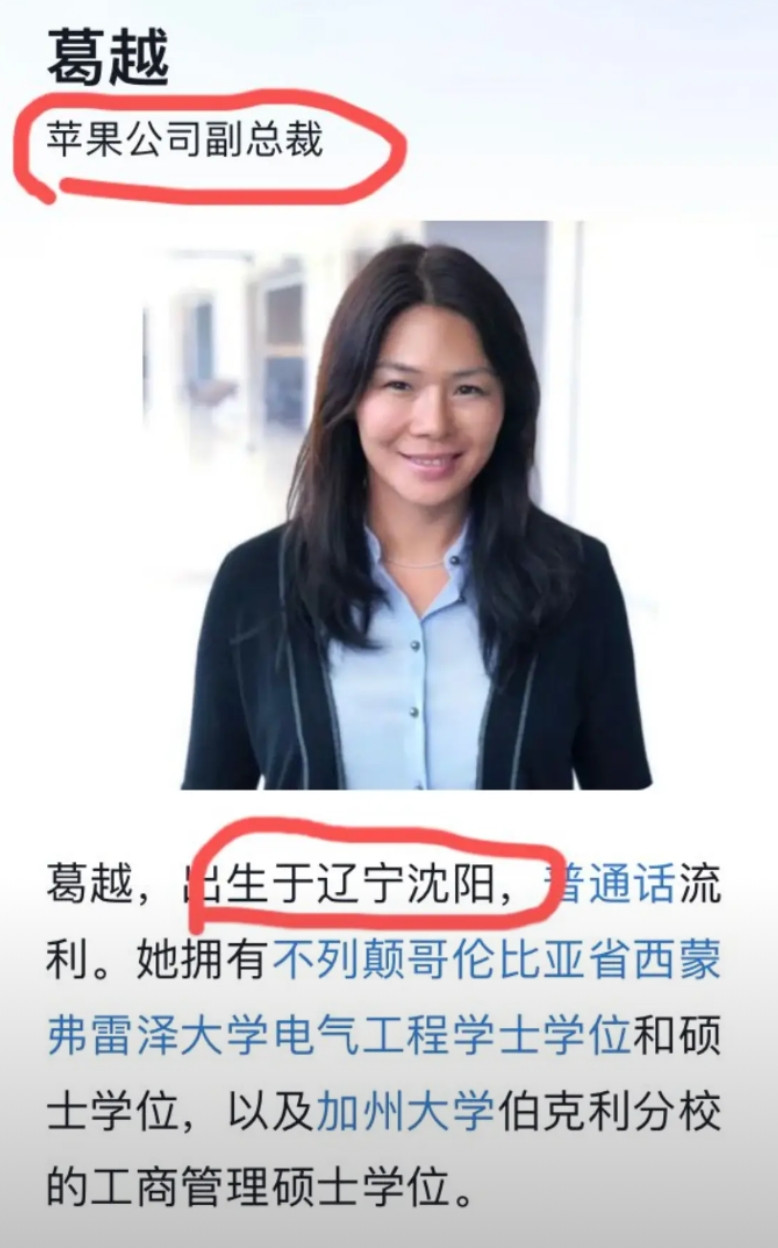 苹果公司全球副总裁。这个葛越是谁啊？怎么这么厉害？1973年生于沈阳，