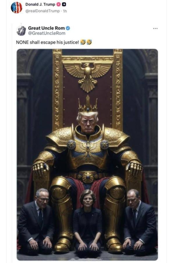 《战锤40K》的广告已经失控了。现在，“为了帝皇”的口号甚至从懂王的账号里发