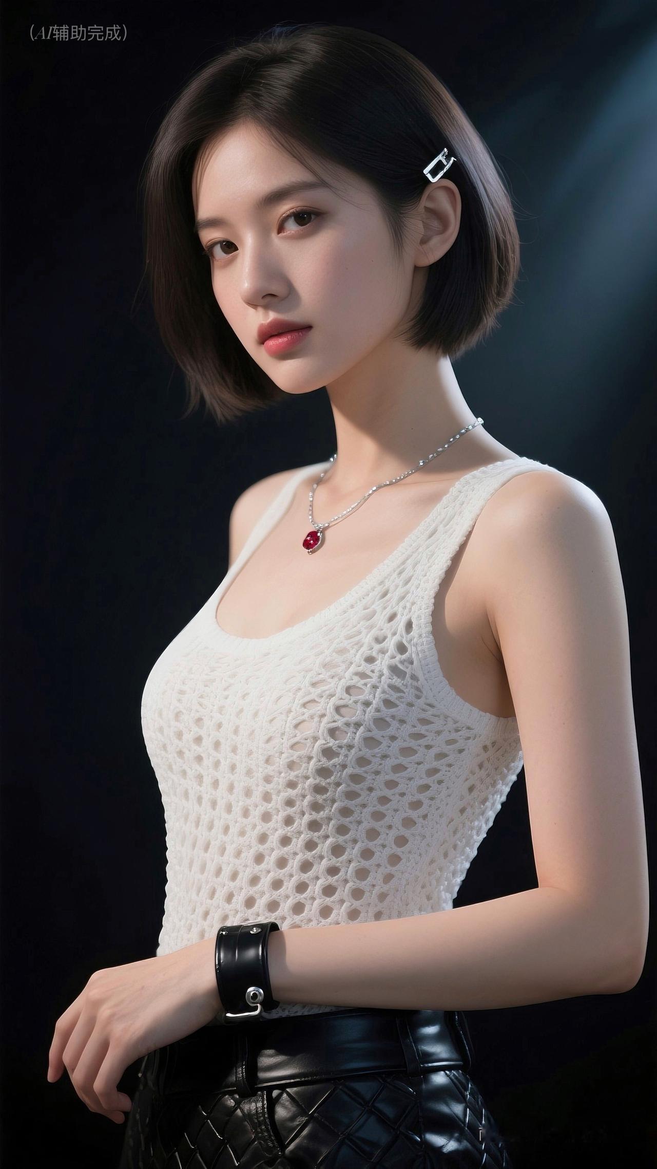 利落棕/黑短发别银白简约发卡，白镂空针织背心搭黑皮裤/皮质臂环，银链红坠点睛。纯