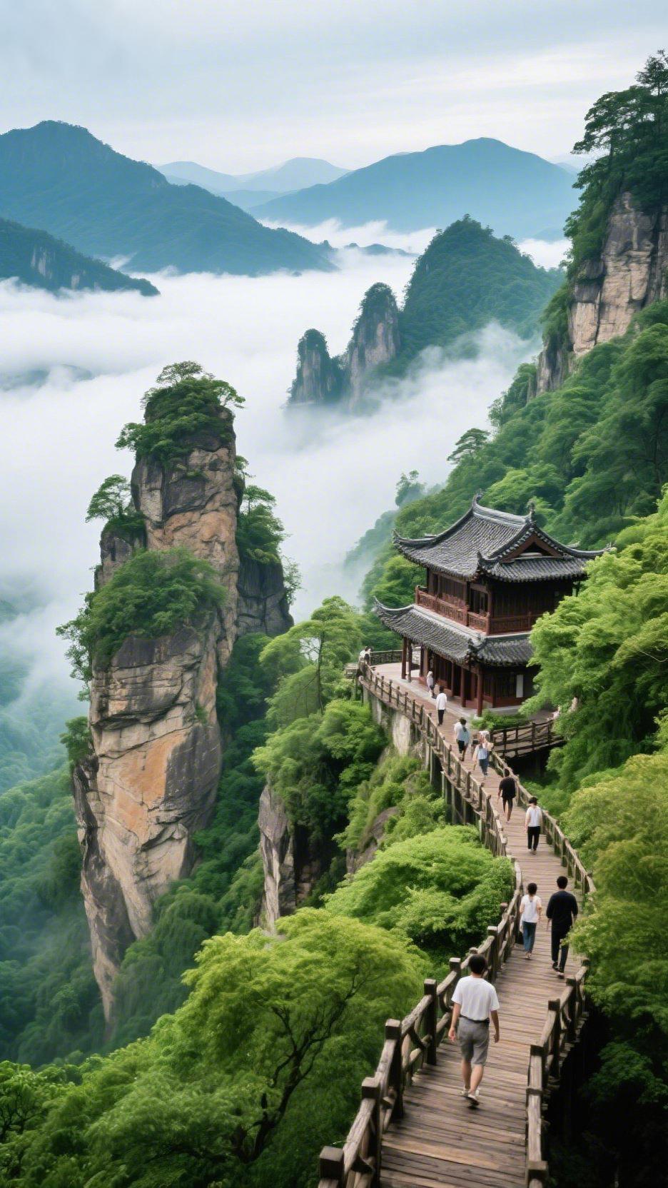 云漫青山，径入仙境晨雾漫过千山，将天地揉成一幅晕染的水墨。层叠的山峦在云海