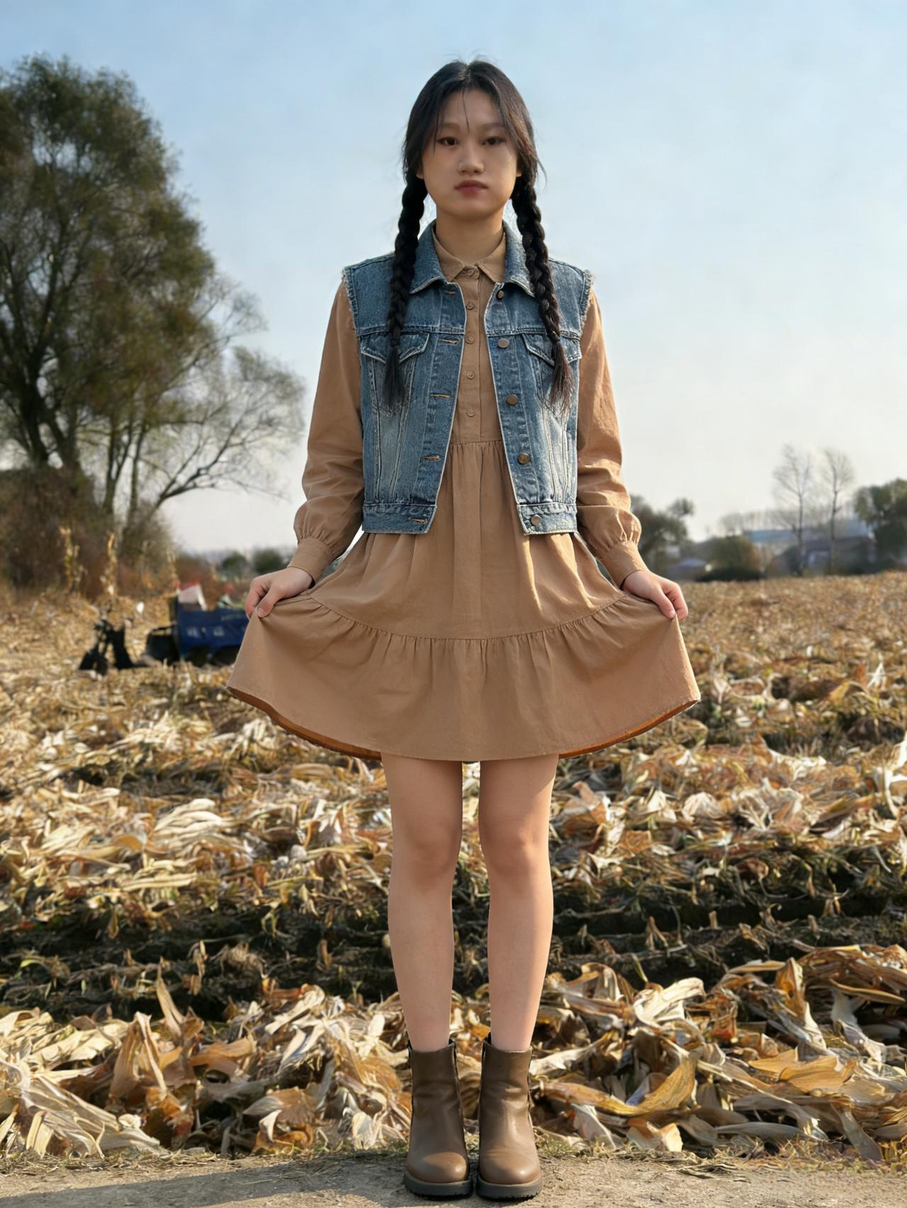 裙影飘摇立晚秋，荒田十里寒气收。风摇败叶随人舞，日透疏林照影愁。履踏残叶声寂