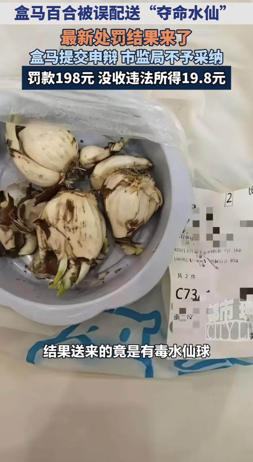 盒马配送夺命水仙后续来了！罚款198元！相比较此前一个老汉卖农残超标的蔬菜被