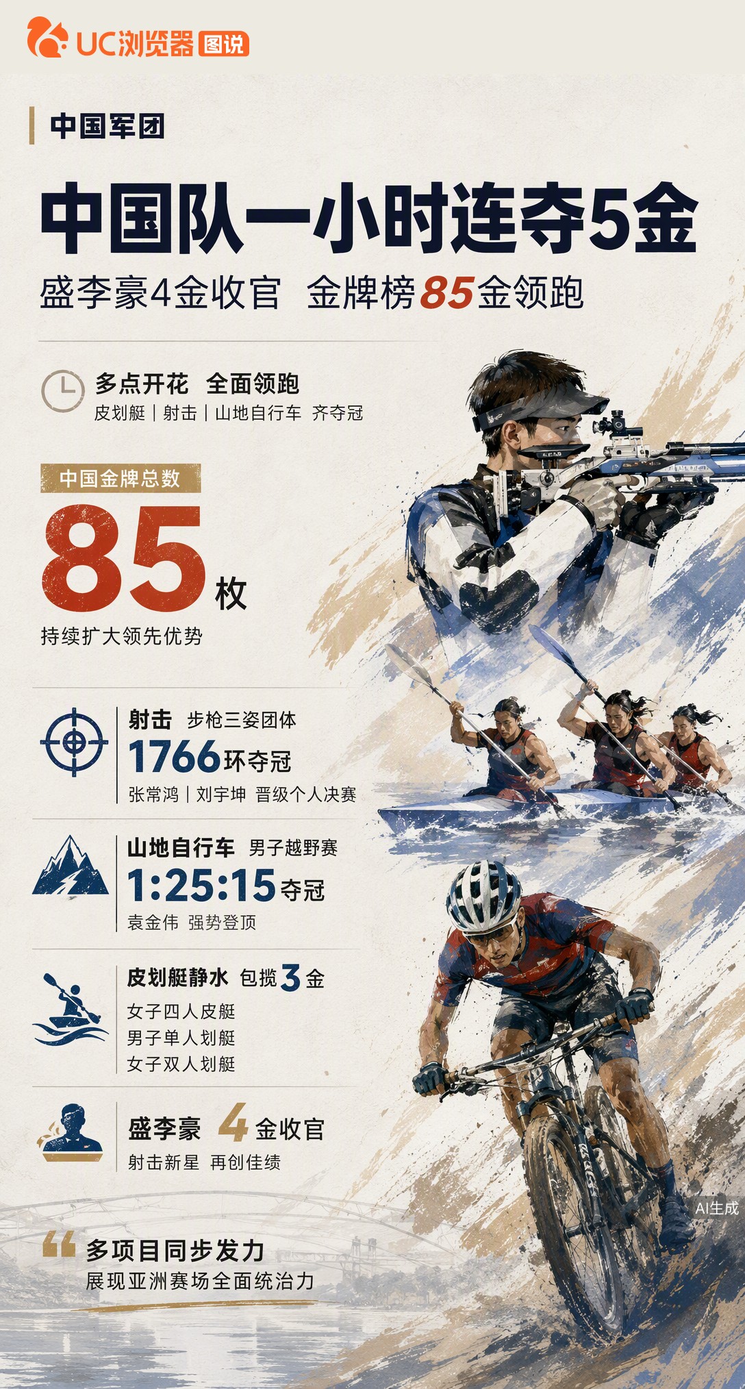 一小时连夺5金！中国军团金牌数冲到85枚。盛李豪4金收官，皮划艇包揽三金，山地自行车也拿下金牌，多点