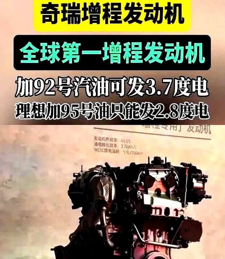 奇瑞这增程发动机真挺猛！烧92号普通汽油，1升油就能发出3.7度电，反观