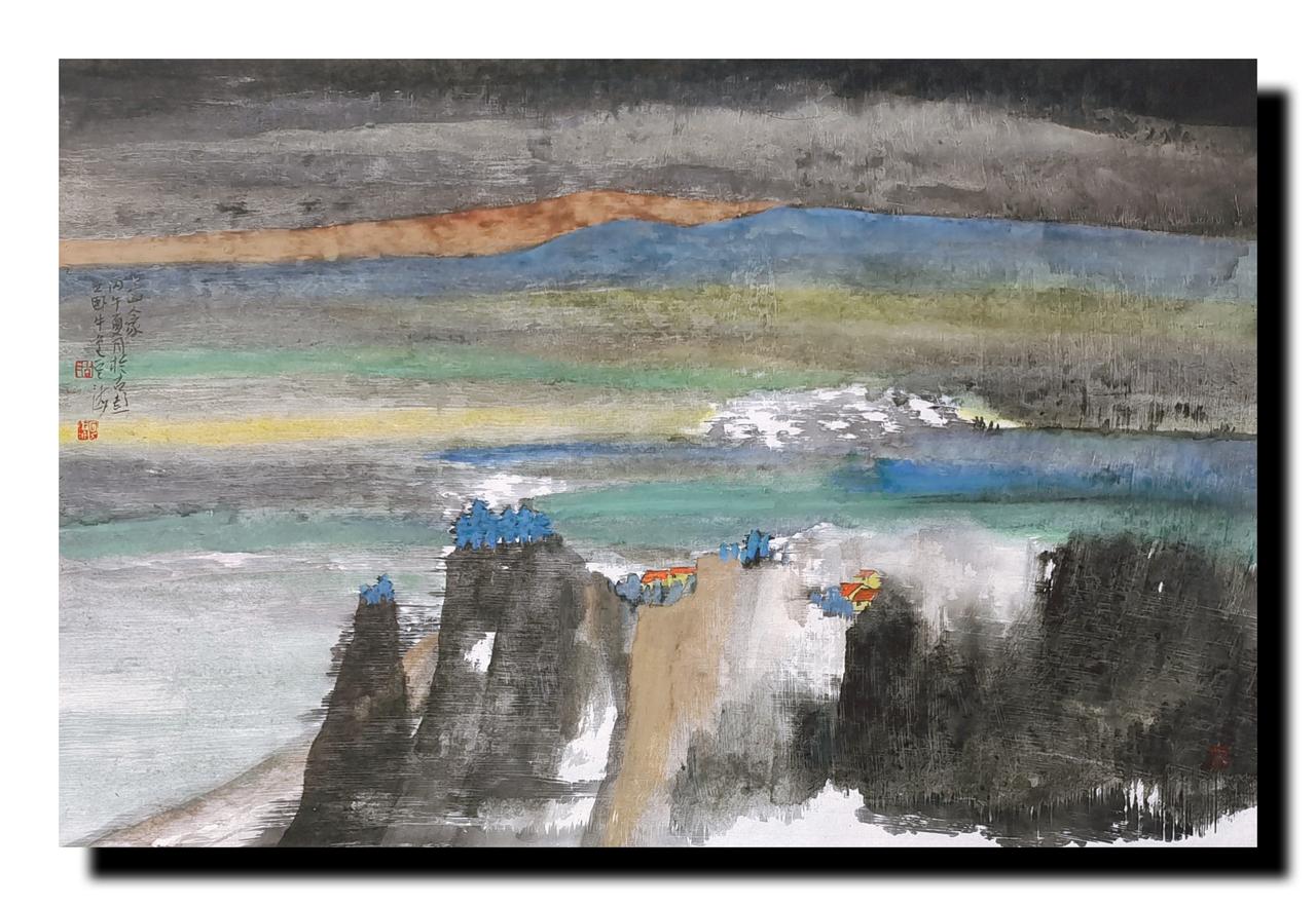 已经有几年没画这类彩墨山水画了，不是不想画是画起来太累，这张胡氏彩墨山水画是画画