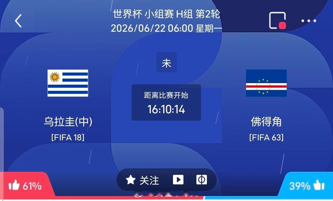 【足球】周日039世界杯方向：乌拉圭vs佛得角世界杯：乌拉圭VS佛得角时间：20