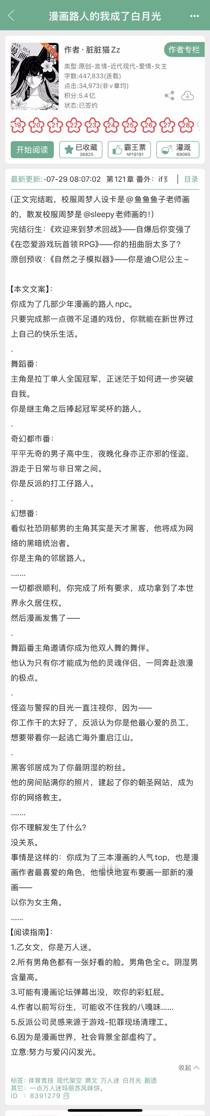 脏脏猫Zz的《漫画路人的我成了白月光》完结啦！乙女文，万人迷女主​