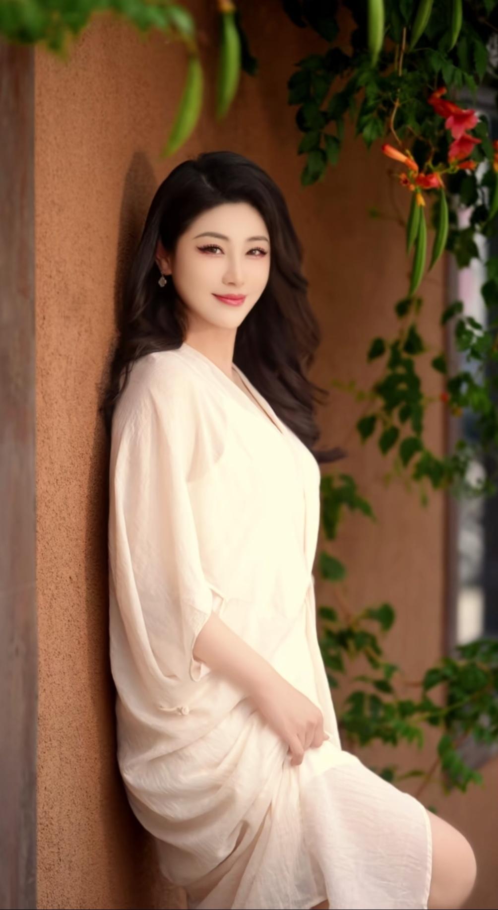 凌霄花墙边的白衣美女，宛如一幅画。
