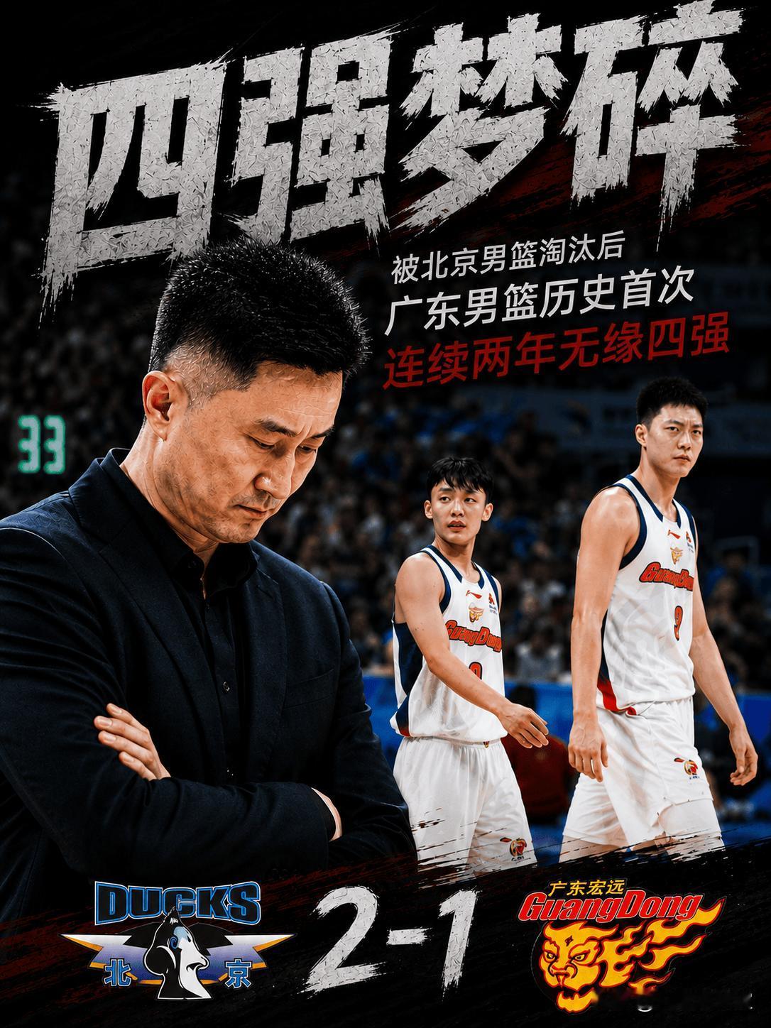 季后赛1/4决赛，广东被北京淘汰后将引发的蝴蝶效应有：1、杜锋下课！五年无冠，