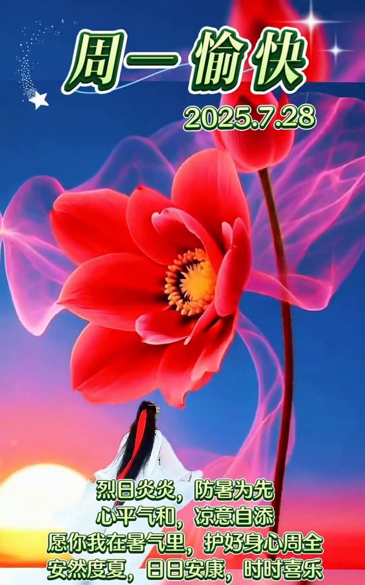 周一愉快。烈日炎炎，防暑为先。心平气和，凉意自添。愿你我在暑气里，护好身心周全