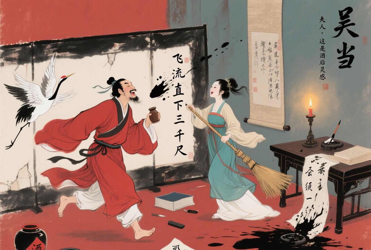 李白醉酒在家乱涂诗，妻子拿扫帚追着打，他边跑边喊：夫人，这是酒后灵感提到李白，