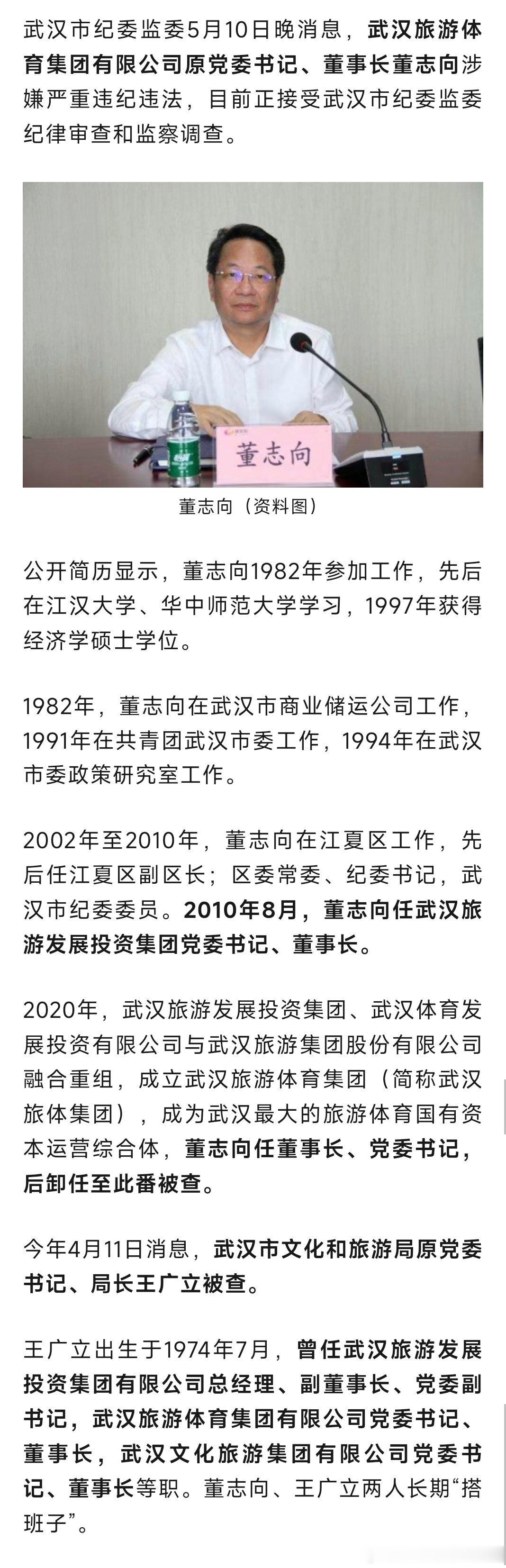 武汉市纪委监委5月10日晚消息，武汉旅游体育集团有限公司原党委书记、董事长董志向