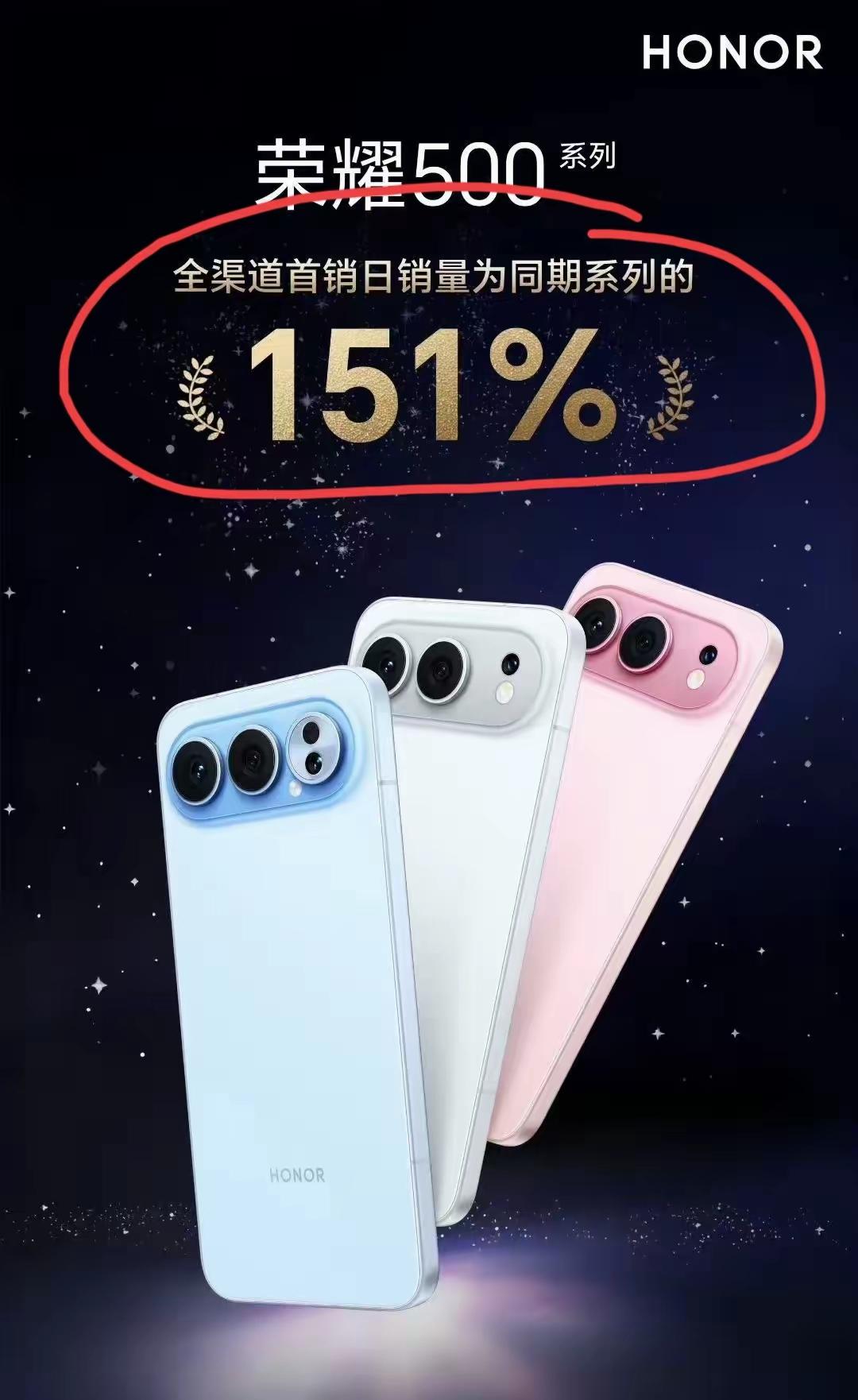 荣耀也要学友商嘛？全渠道首销日销量为同期系列151%，这定语加的，那么友商系列首