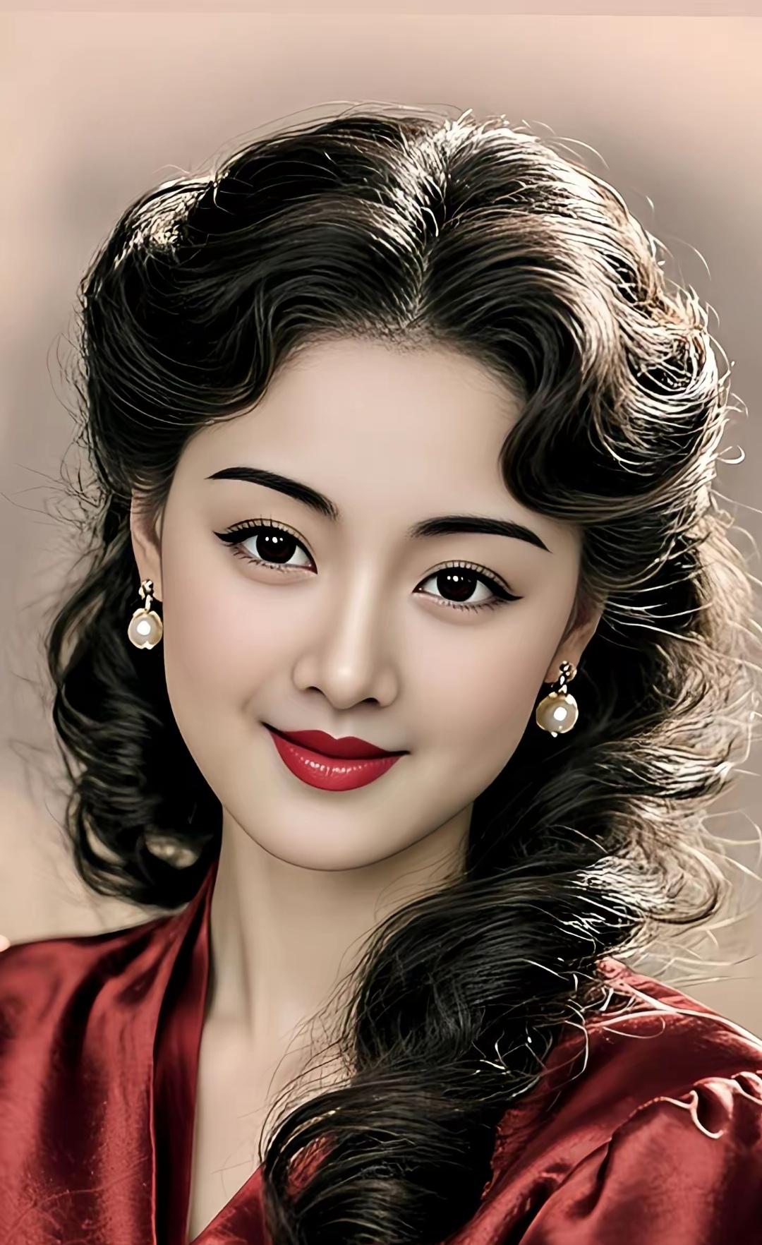 这位美女穿着红色衣服，佩戴珍珠耳环，笑容甜美。优雅美图分享美女人像群