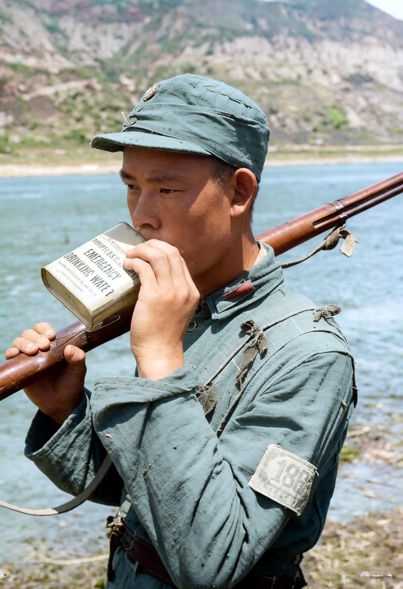 1944年，延安东关机场附近，一名在延河边站岗的八路军战士正在使用美国生产的紧