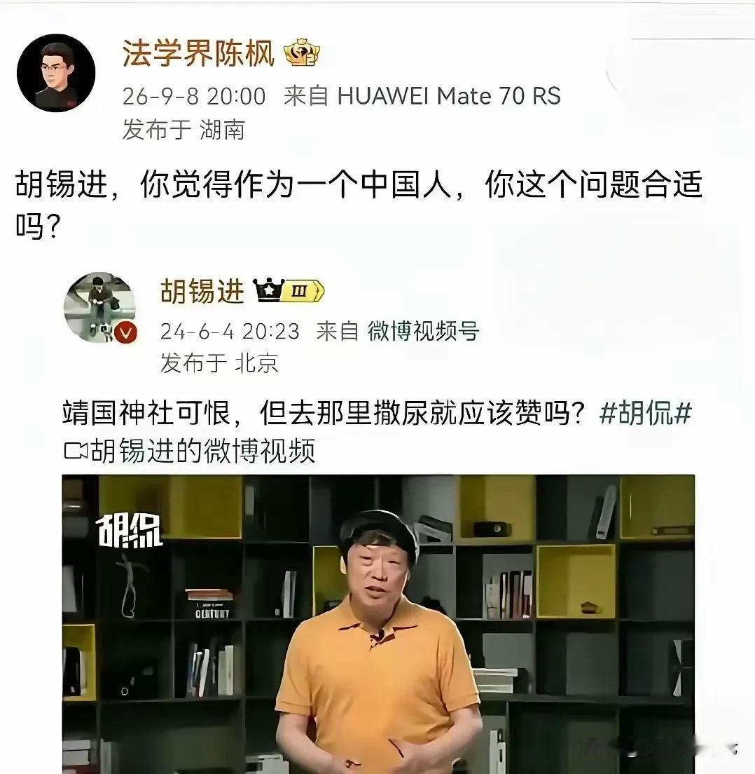 如果不是网友截屏留存，胡锡进两年前的这个微博已经看不到了。陈枫教授的质疑没有