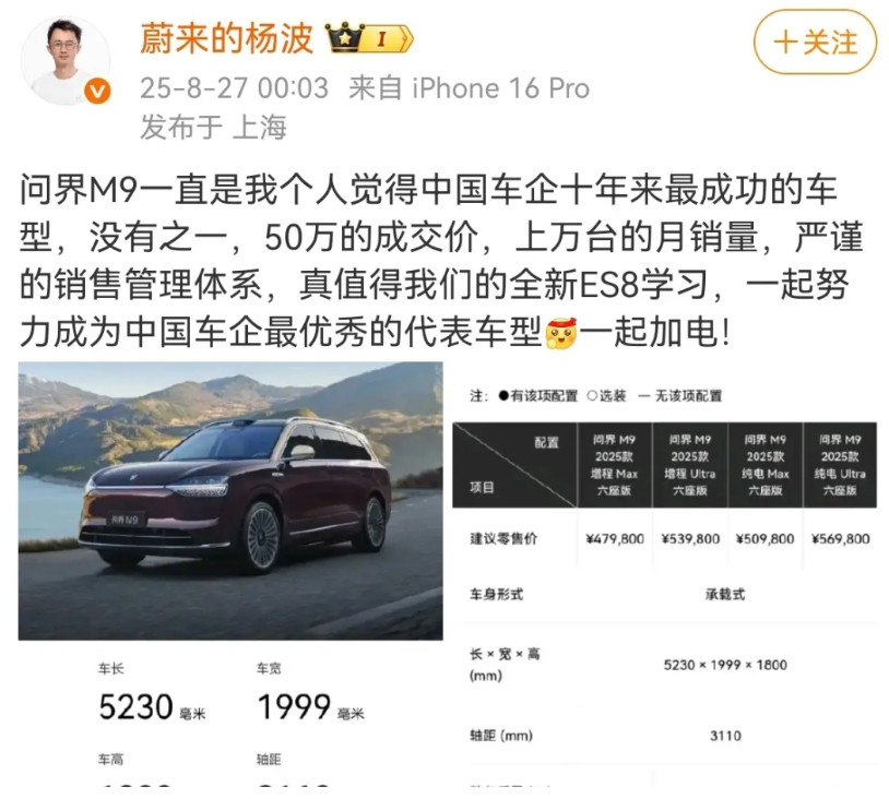 蔚来高管这次真的挺大气的，直接在微博上坦言：问界M9是他个人认为中国车企十年来最
